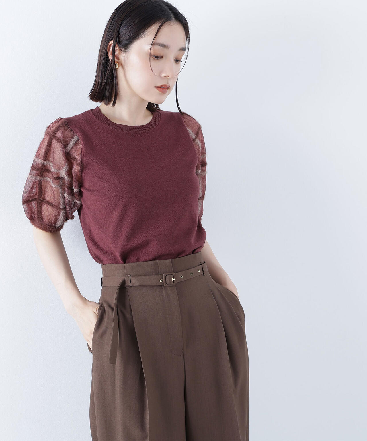 シアーチェックスリーブニット