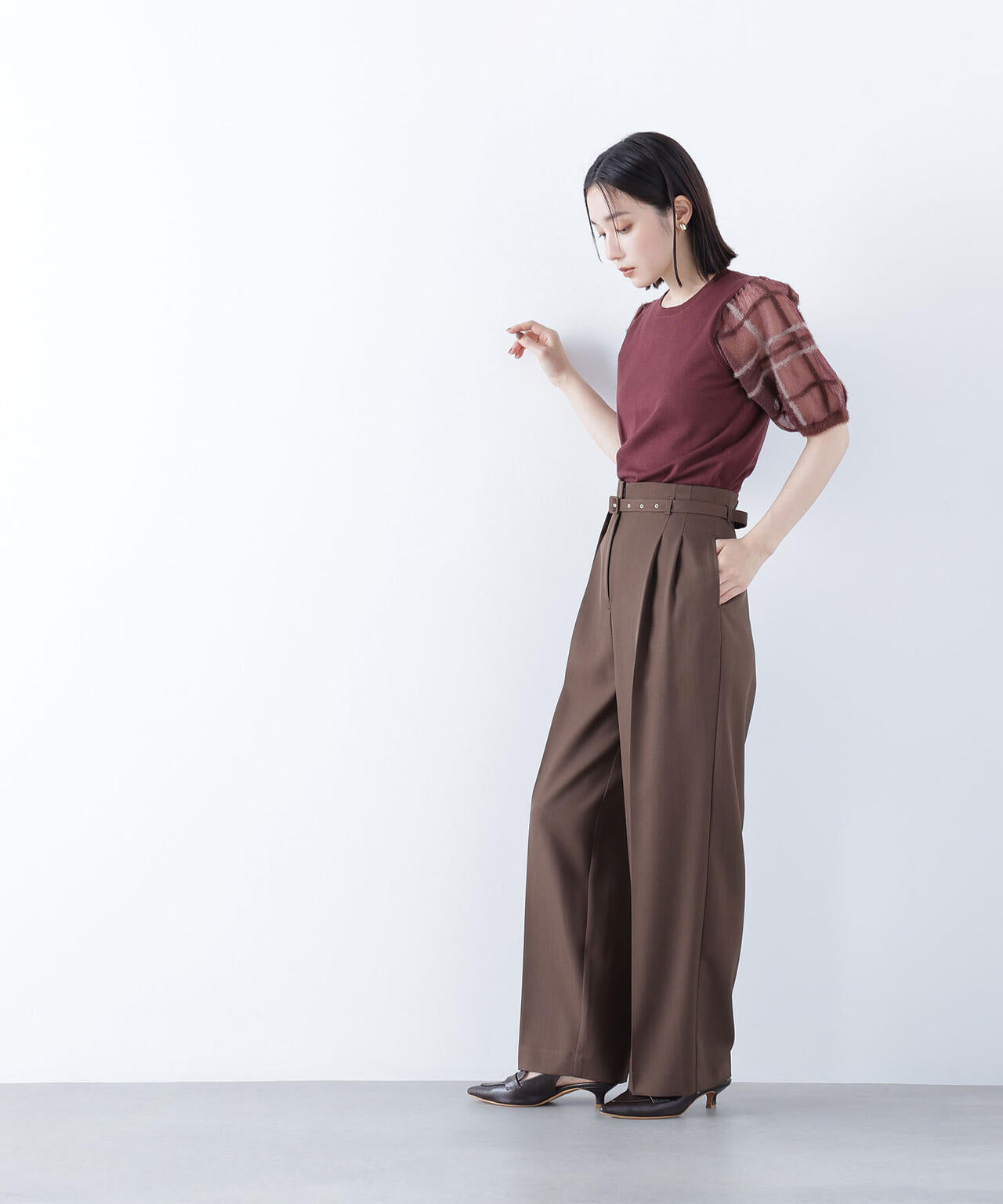 シアーチェックスリーブニット