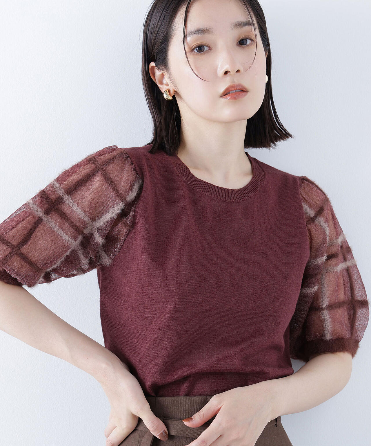 シアーチェックスリーブニット