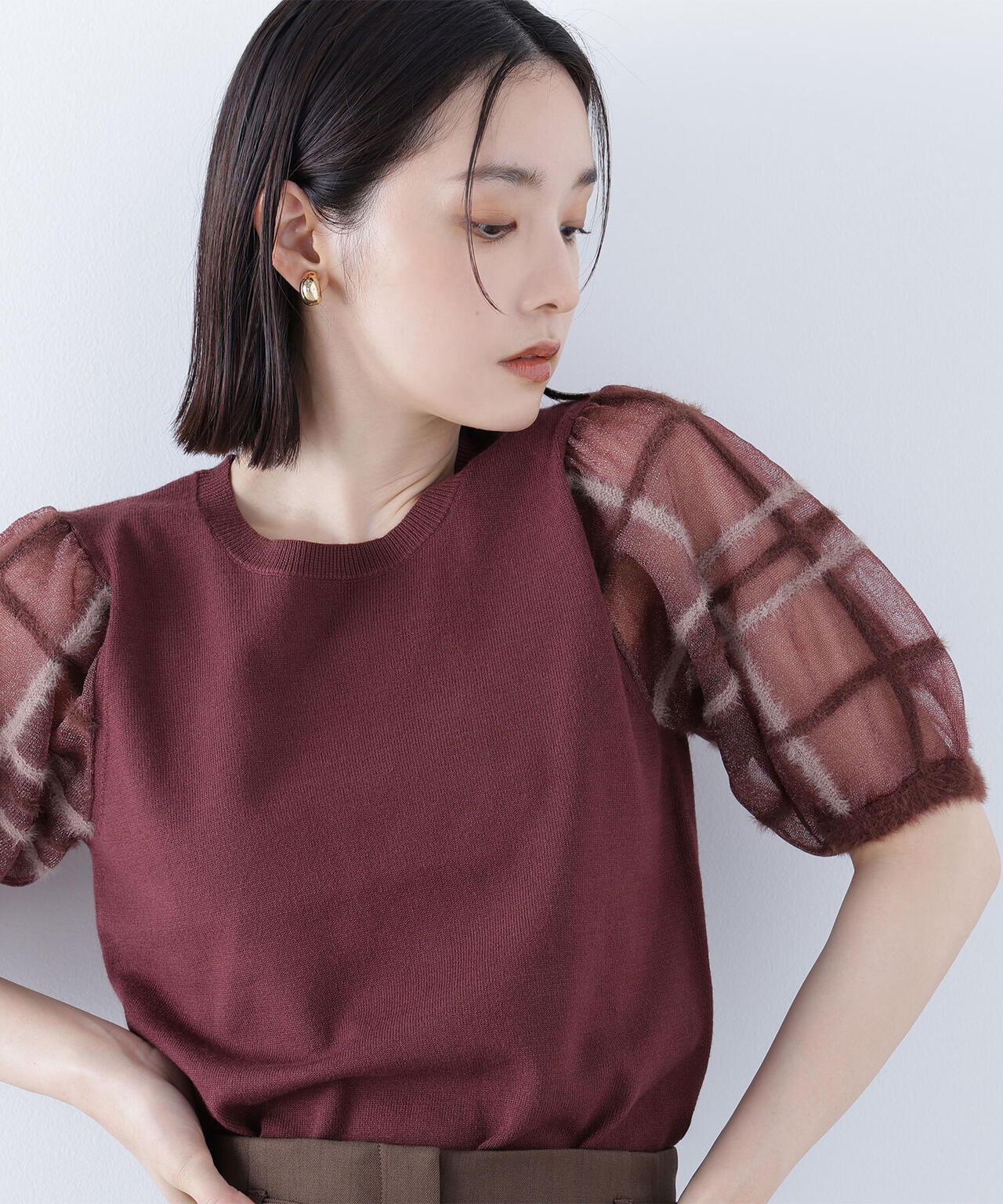 【WEB限定商品】シアーチェックスリーブニット