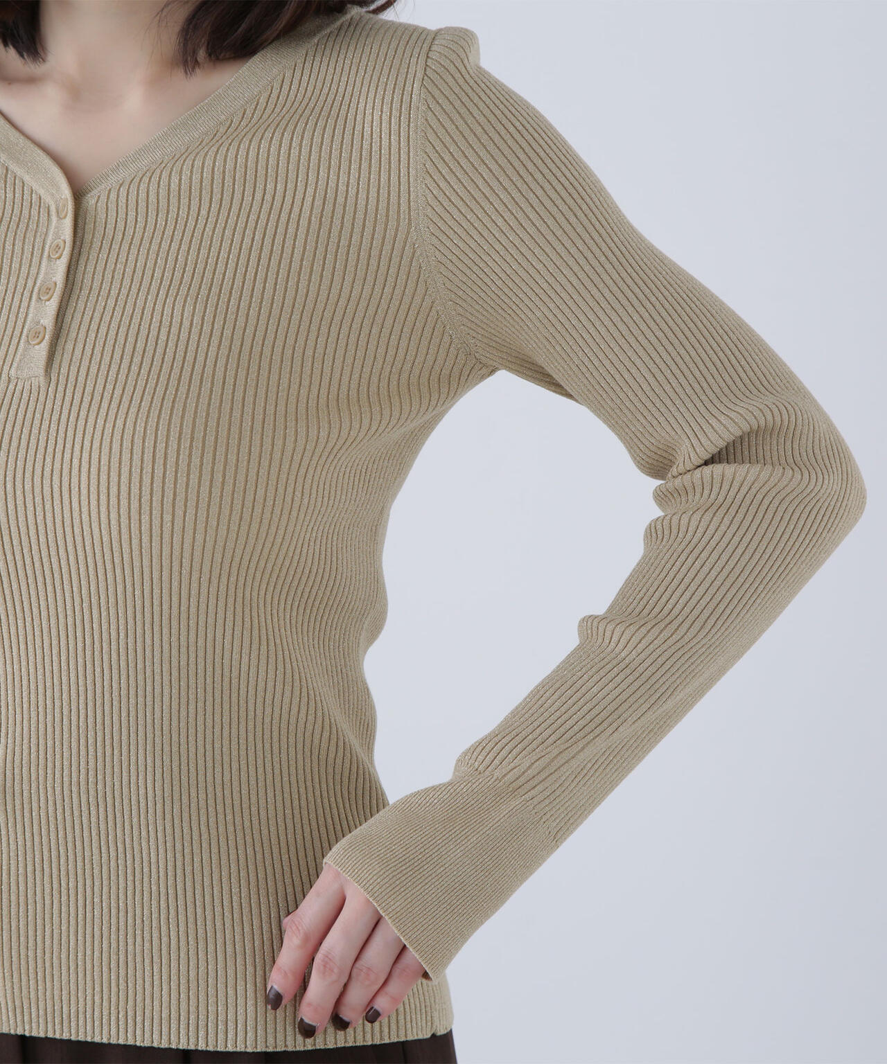 フロントボタンラメリブニット