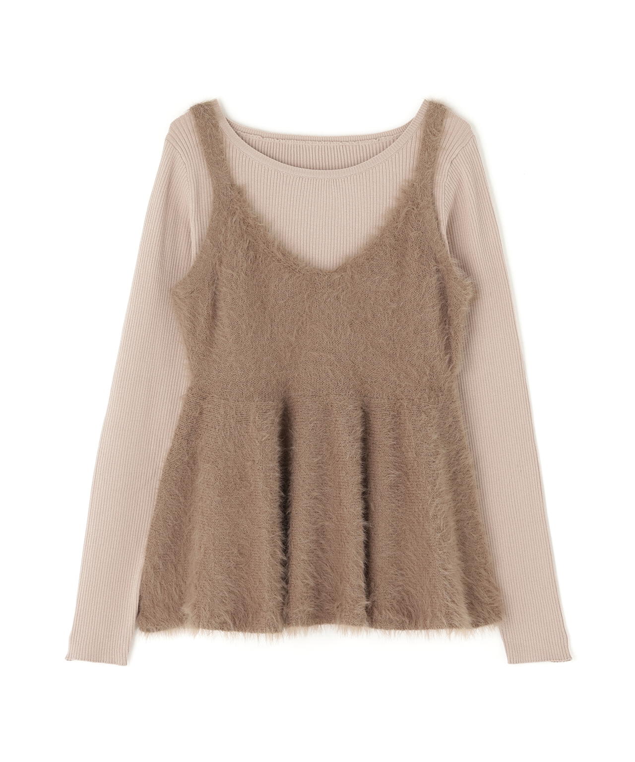 【タカシマヤゲートタワーモール・mix.tokyo 限定カラー:ブラウンxオフ】ヘアリーペプラムキャミセットニット