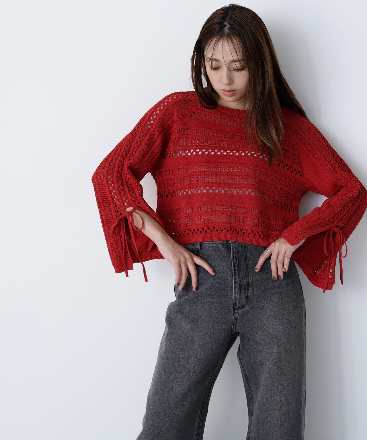 透かし編みリボンスリーブニット