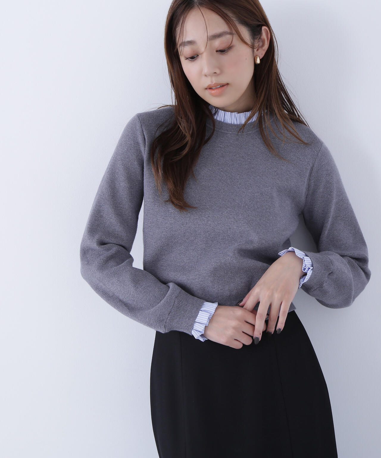 ナチュラルビューティーベーシック（NATURAL BEAUTY BASIC）/ストライプフリルネックニット ストライプフリルネックニット | NATURAL BEAUTY BASIC（ナチュラル