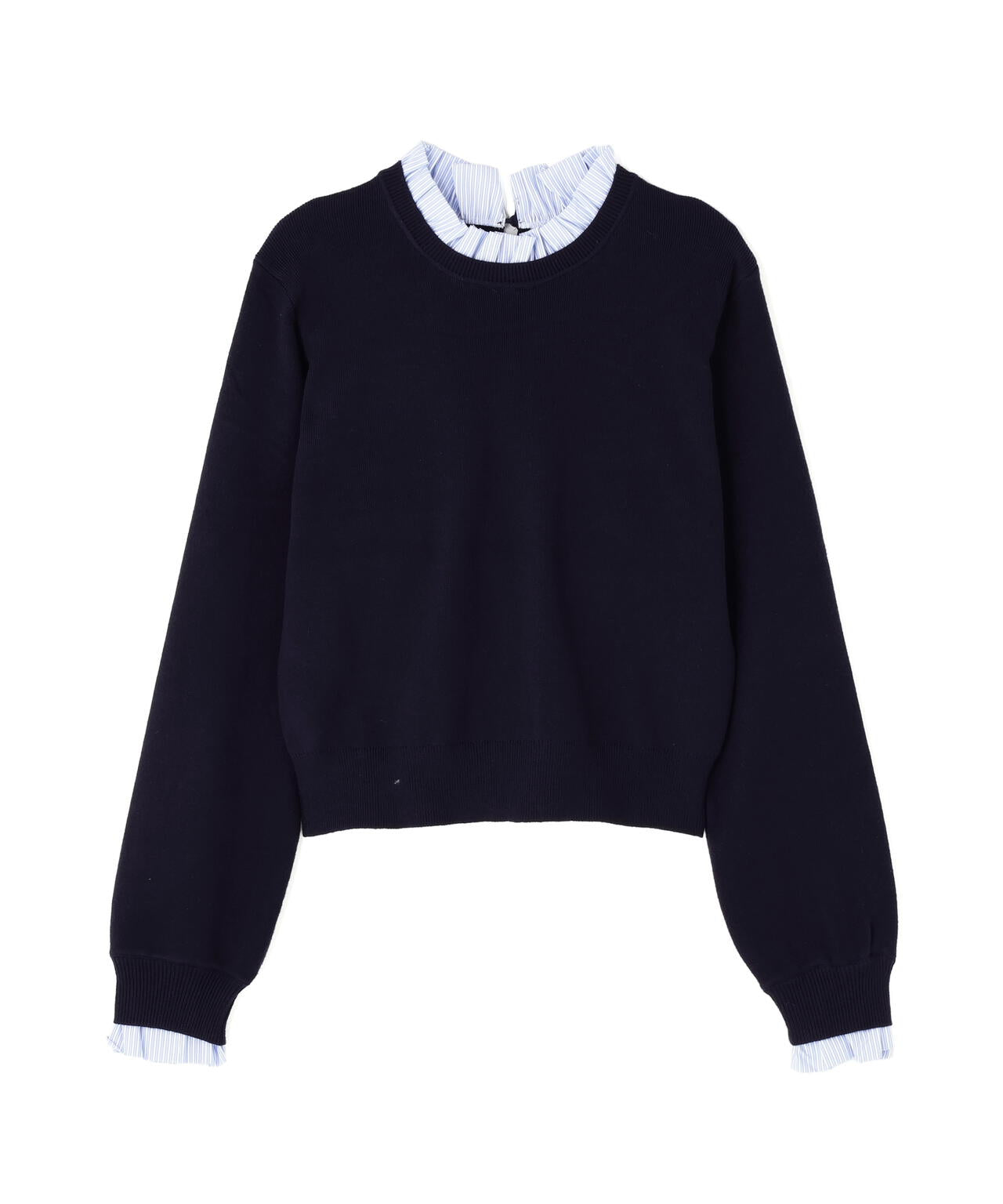 ストライプフリルネックニット