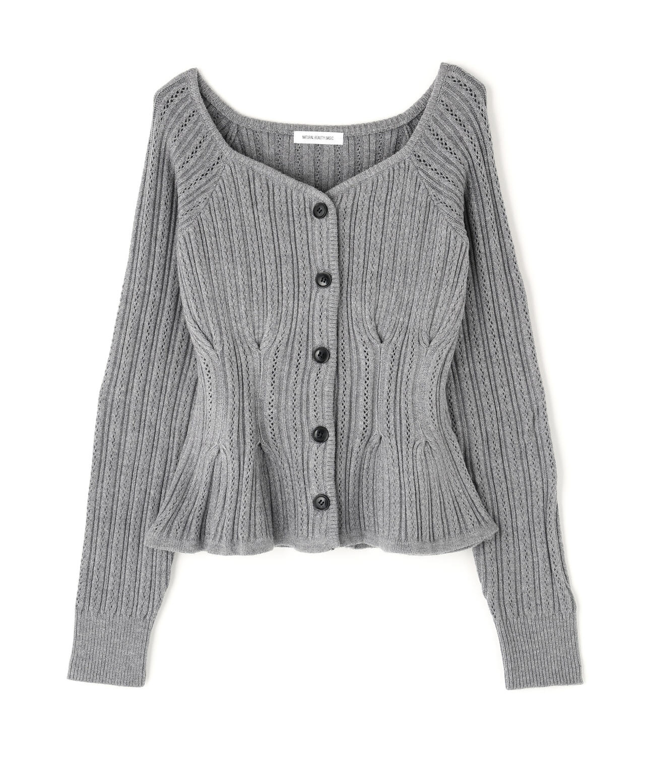 柄編みペプラムニットカーディガン