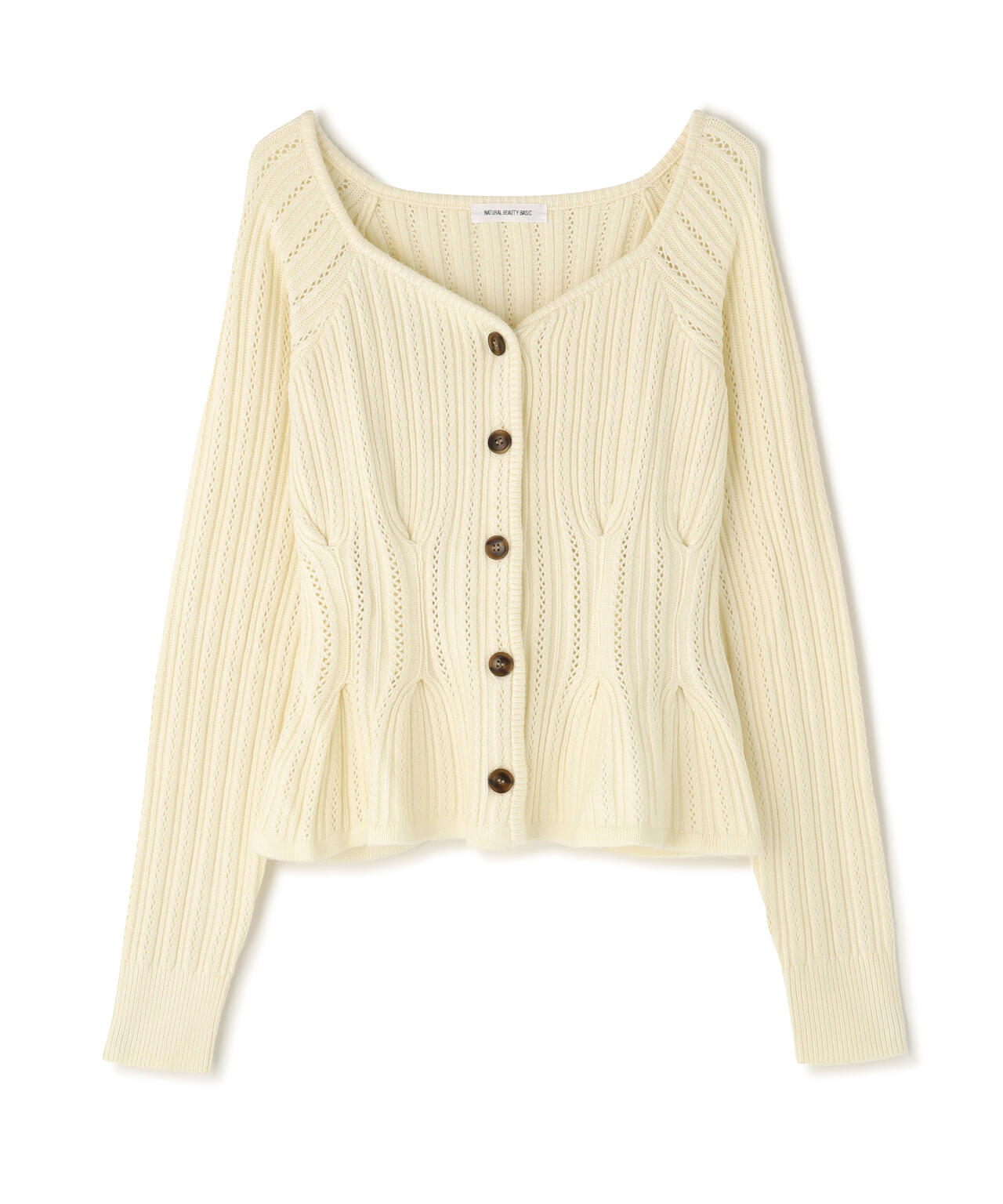 柄編みペプラムニットカーディガン