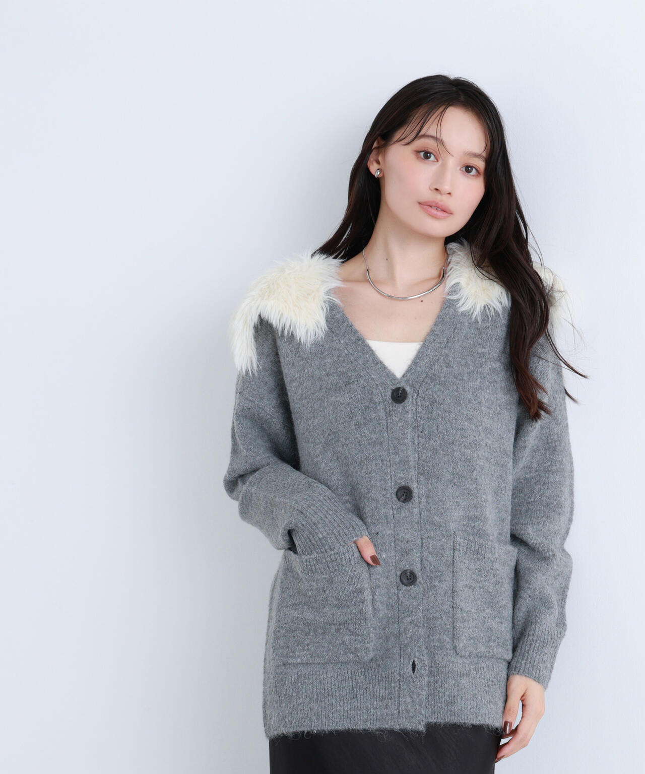 【BLANC】フェイクファー付ボクシーカーディガン