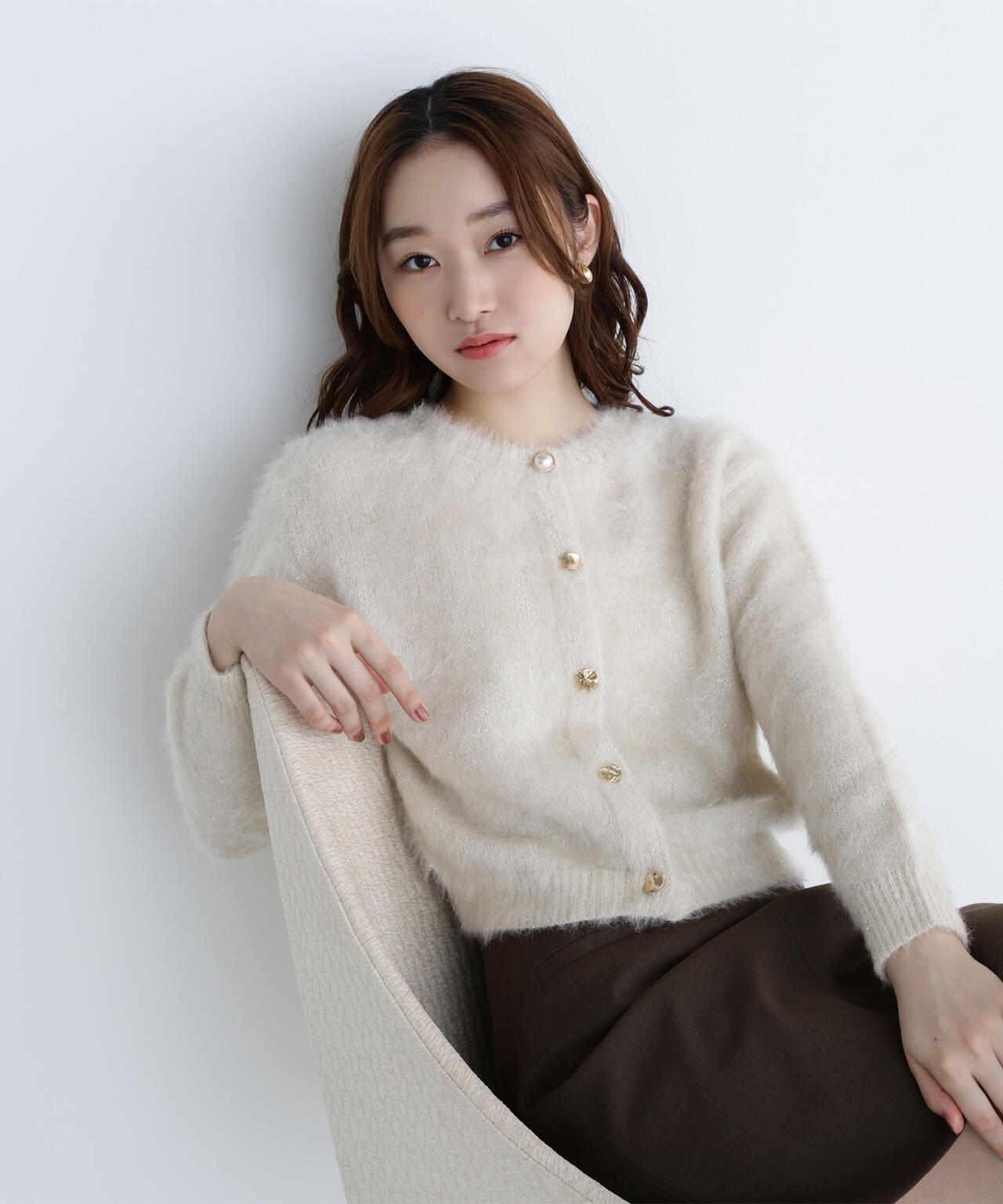 【白宮みずほさんコラボカラー：ピンク】デザインボタンラメシャギーカーディガン