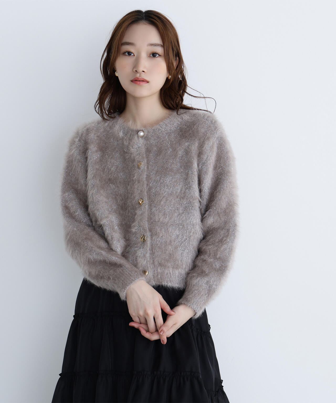 【白宮みずほさんコラボカラー：ピンク】デザインボタンラメシャギーカーディガン