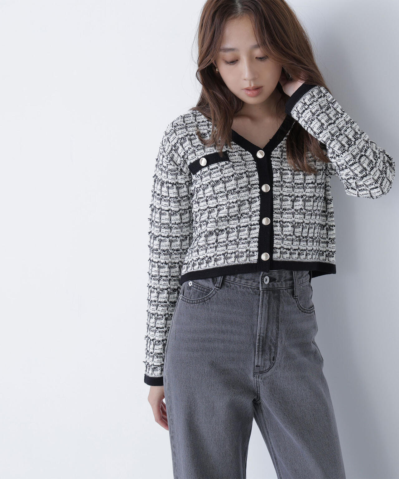 ツイードVネックカーディガン