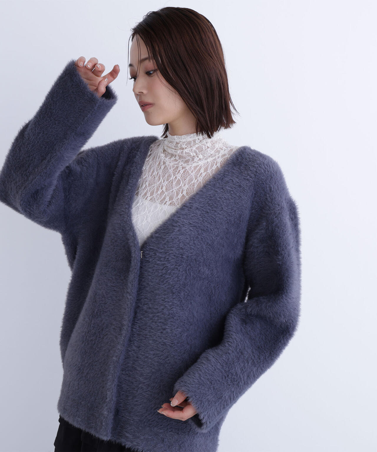 Vネックシャギー接結コーディガン