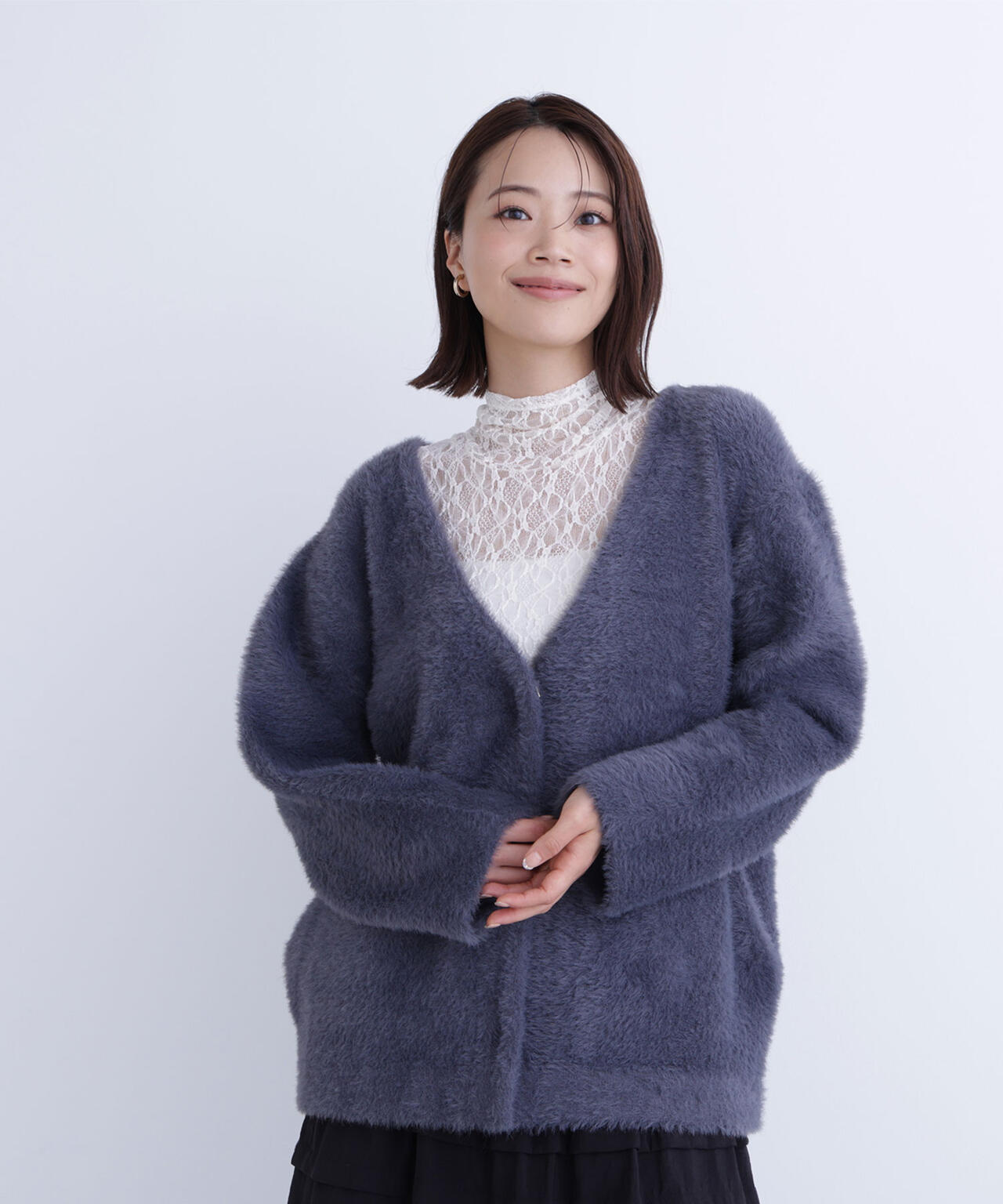 Vネックシャギー接結コーディガン