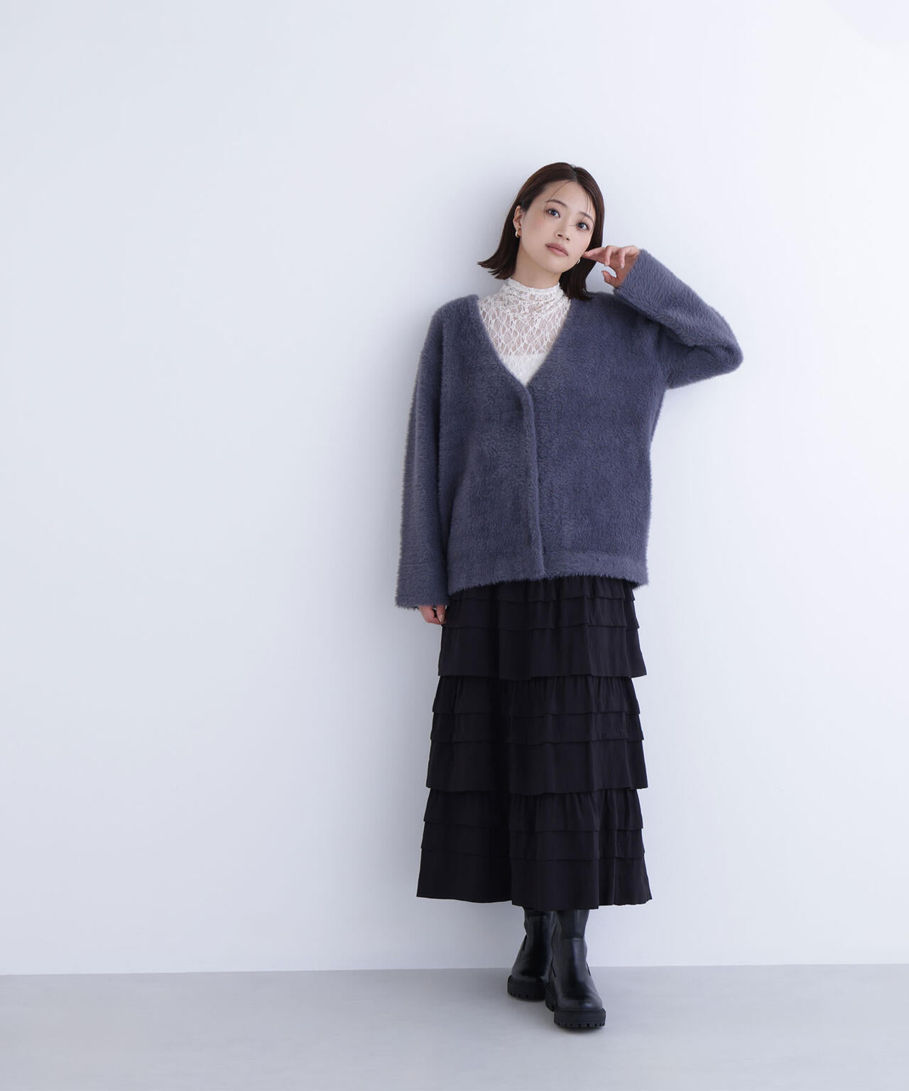 Vネックシャギー接結コーディガン