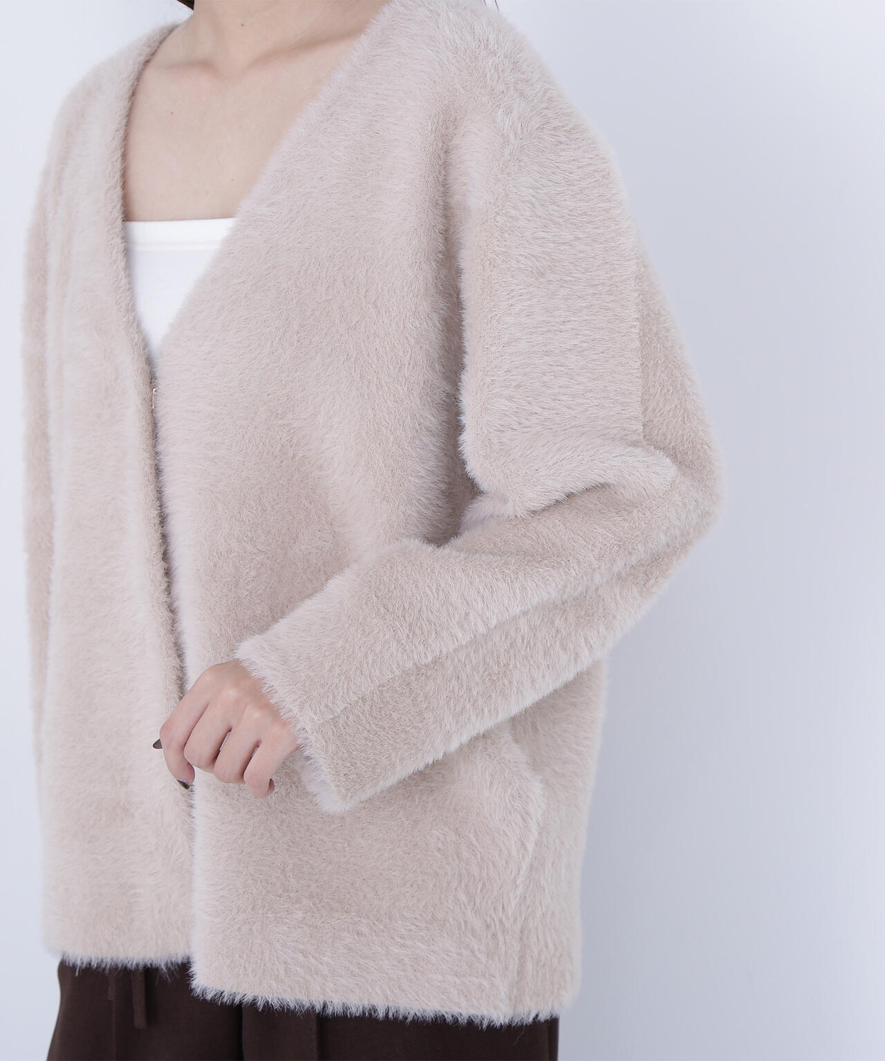 Vネックシャギー接結コーディガン