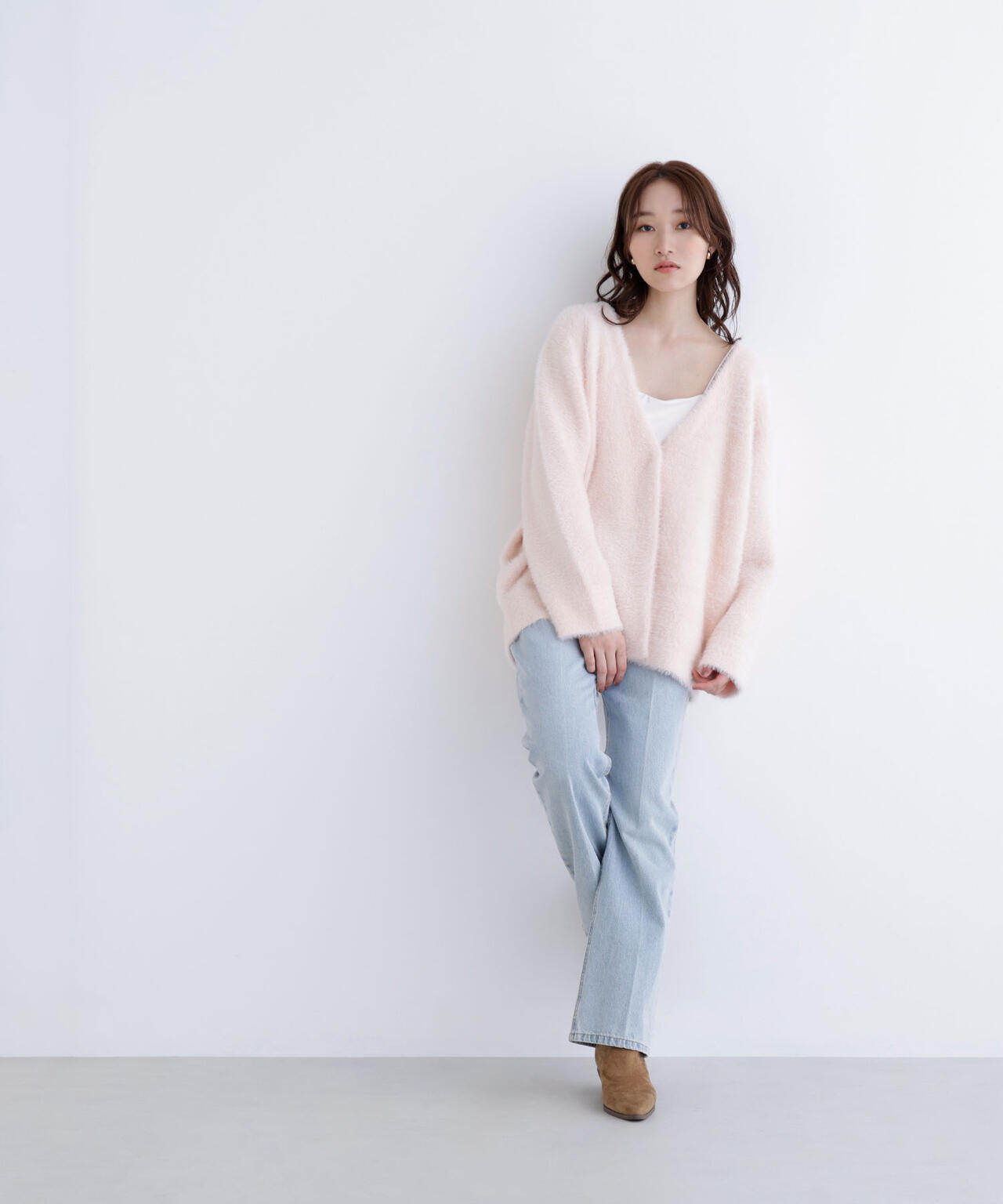 Vネックシャギー接結コーディガン