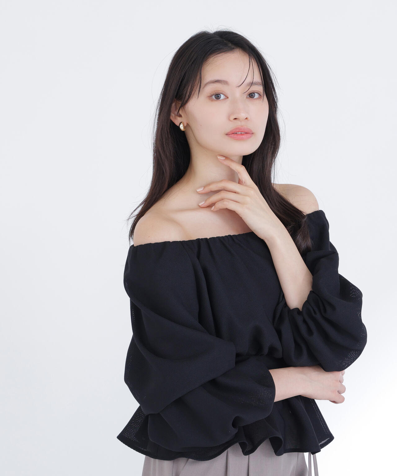 メッシュギャザーペプラムブラウス