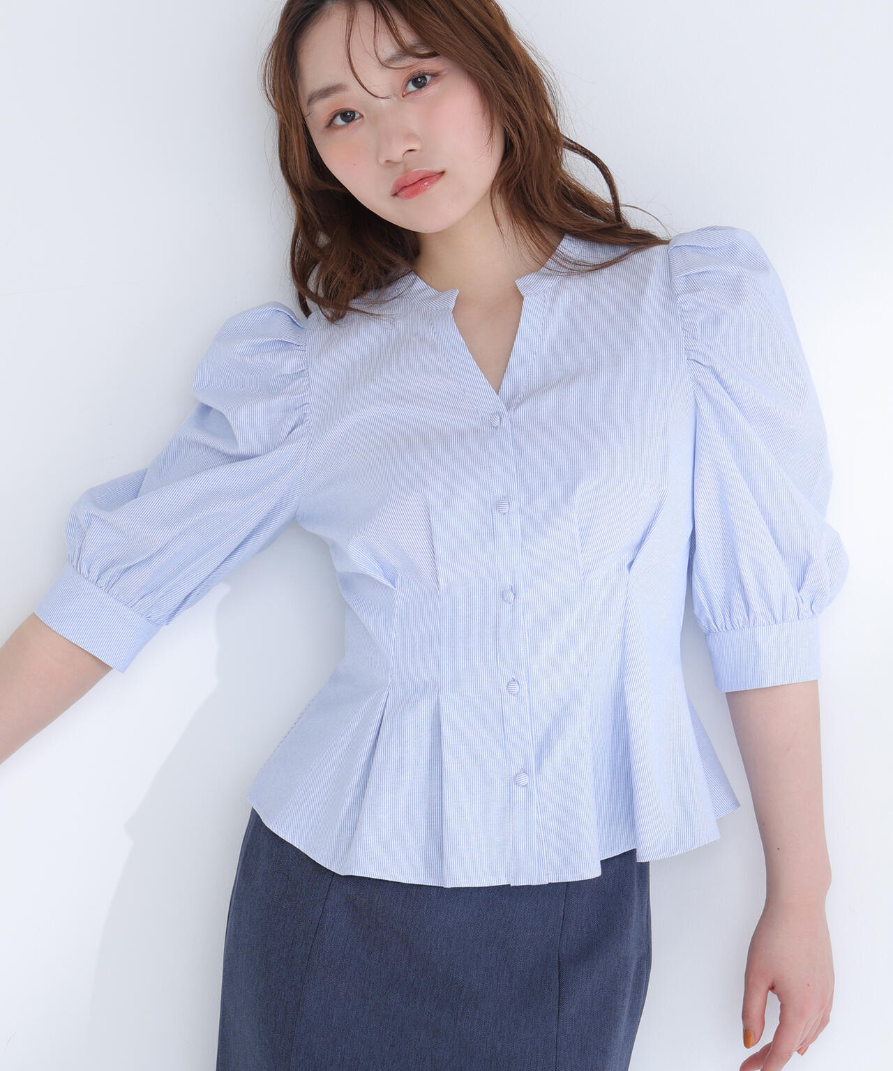 S1463❤️ ナチュラルビューティー ペプラムブラウス 38(M) ネイビー シアーギャザーペプラムブラウス | NATURAL BEAUTY BASIC（ナチュラル
