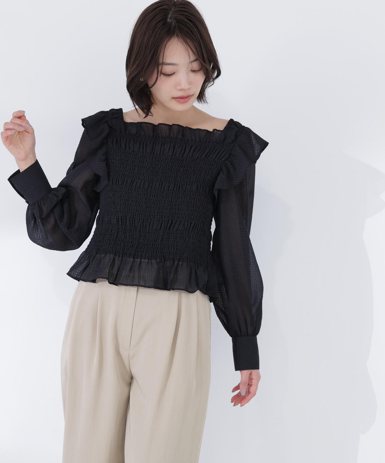 シアーチェックシャーリングブラウス　ブラック　spick&span 五部丈 シアーチェックシャーリングブラウス | NATURAL BEAUTY BASIC