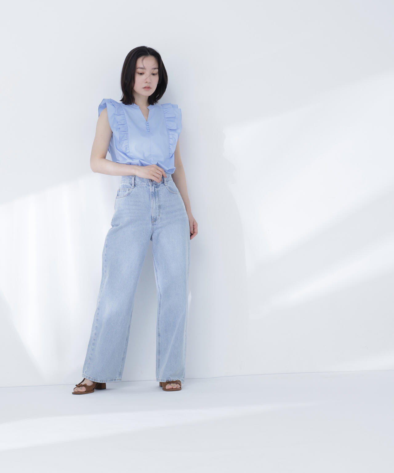 23年✨極美品✨プリーツプリーズ　トップス　フレンチスリーブ　サイズ3 ブルー 23年✨極美品✨プリーツプリーズ トップス フレンチスリーブ サイズ3