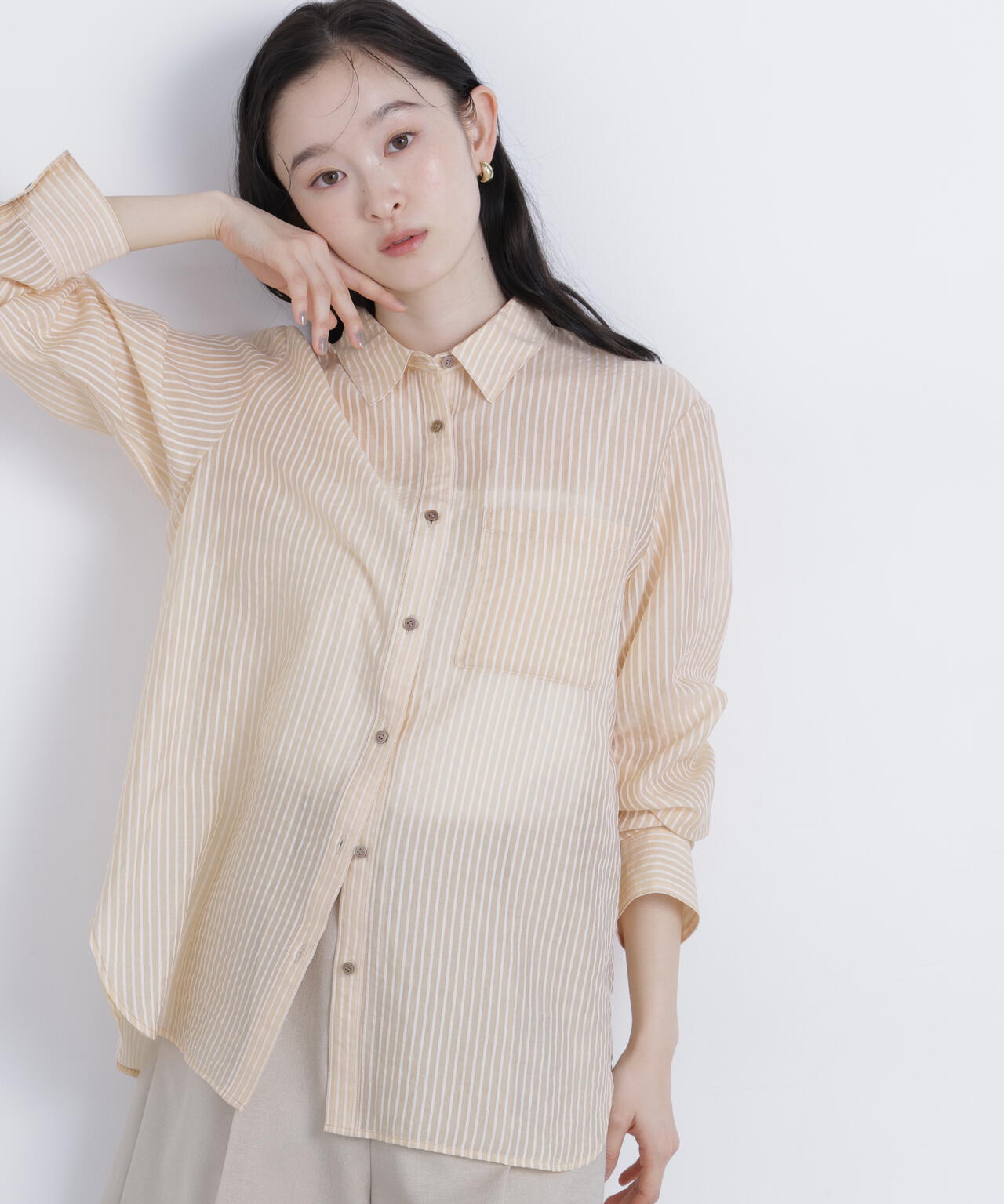 【BEIGE】コットンシアーストライプ フリルシャツ UNITED ARROWS LTD. OUTLET｜コットンシアーストライプ フリルシャツ