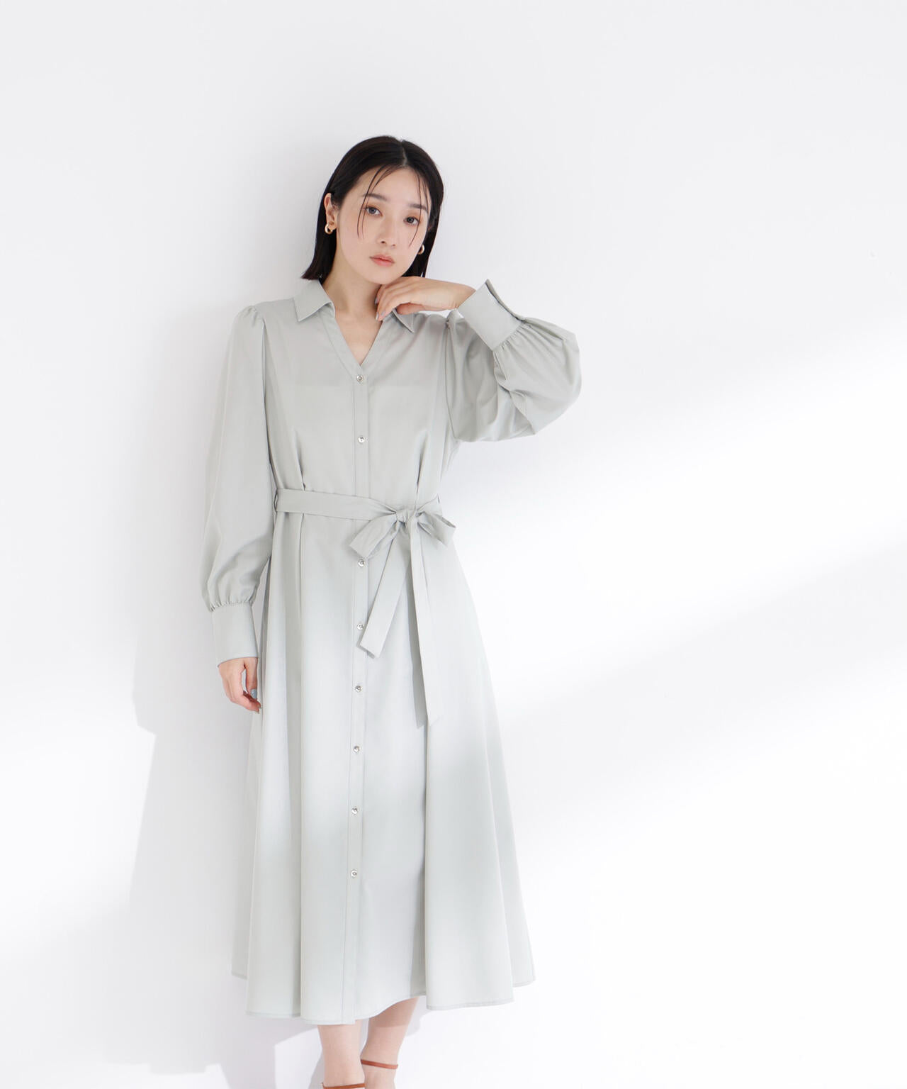 リボンベルテッドシャツワンピース