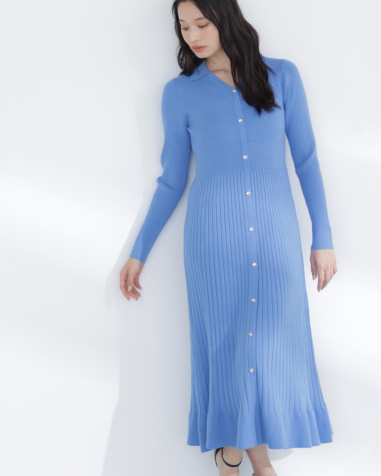 スキッパーリブニットワンピース