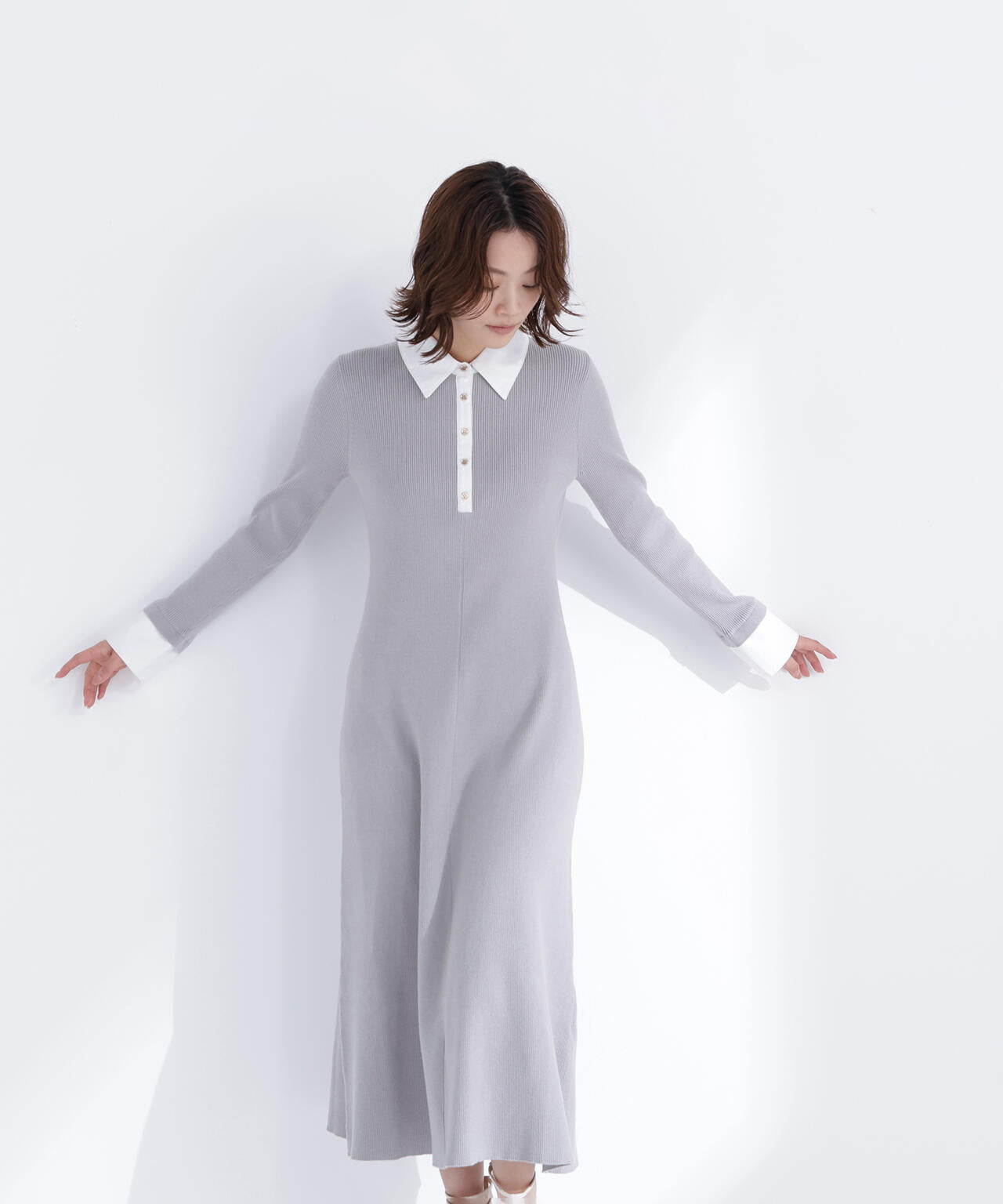 襟付リブニットワンピース