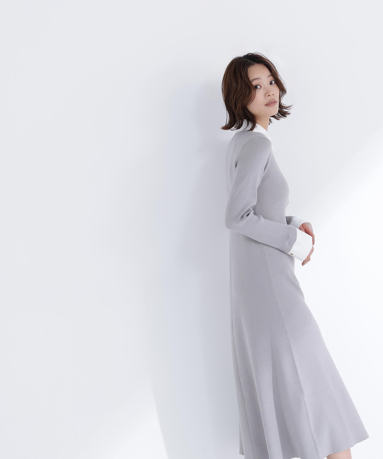 襟付リブニットワンピース