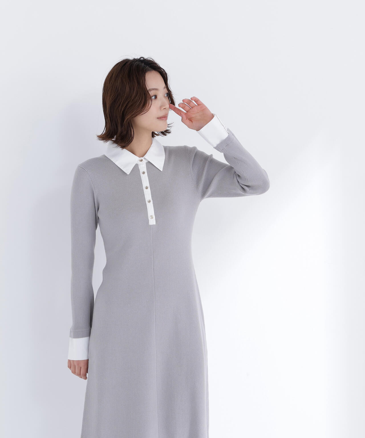 襟付リブニットワンピース
