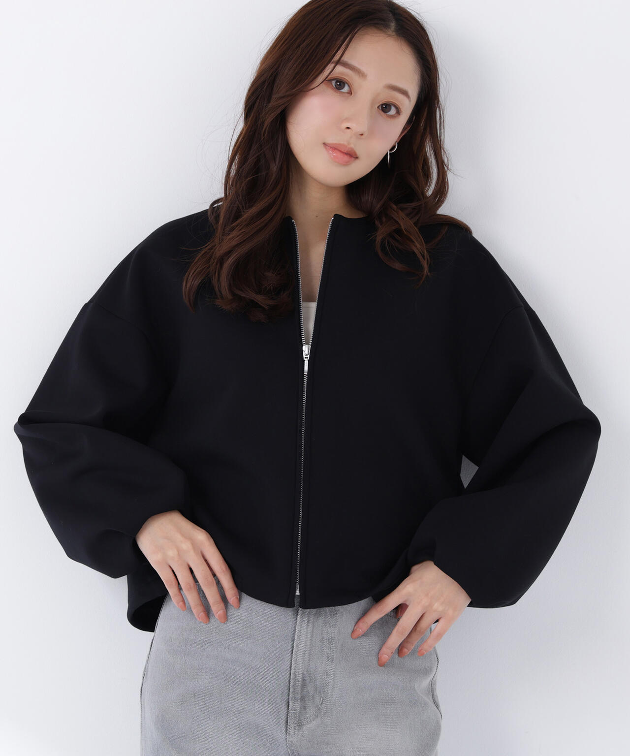 美品　23区　ブラック ジップアップ ノーカラー　ブルゾン　黒 SHIPS any:〈洗濯機可能〉ダブルクロス ノーカラー ジップ ブルゾン