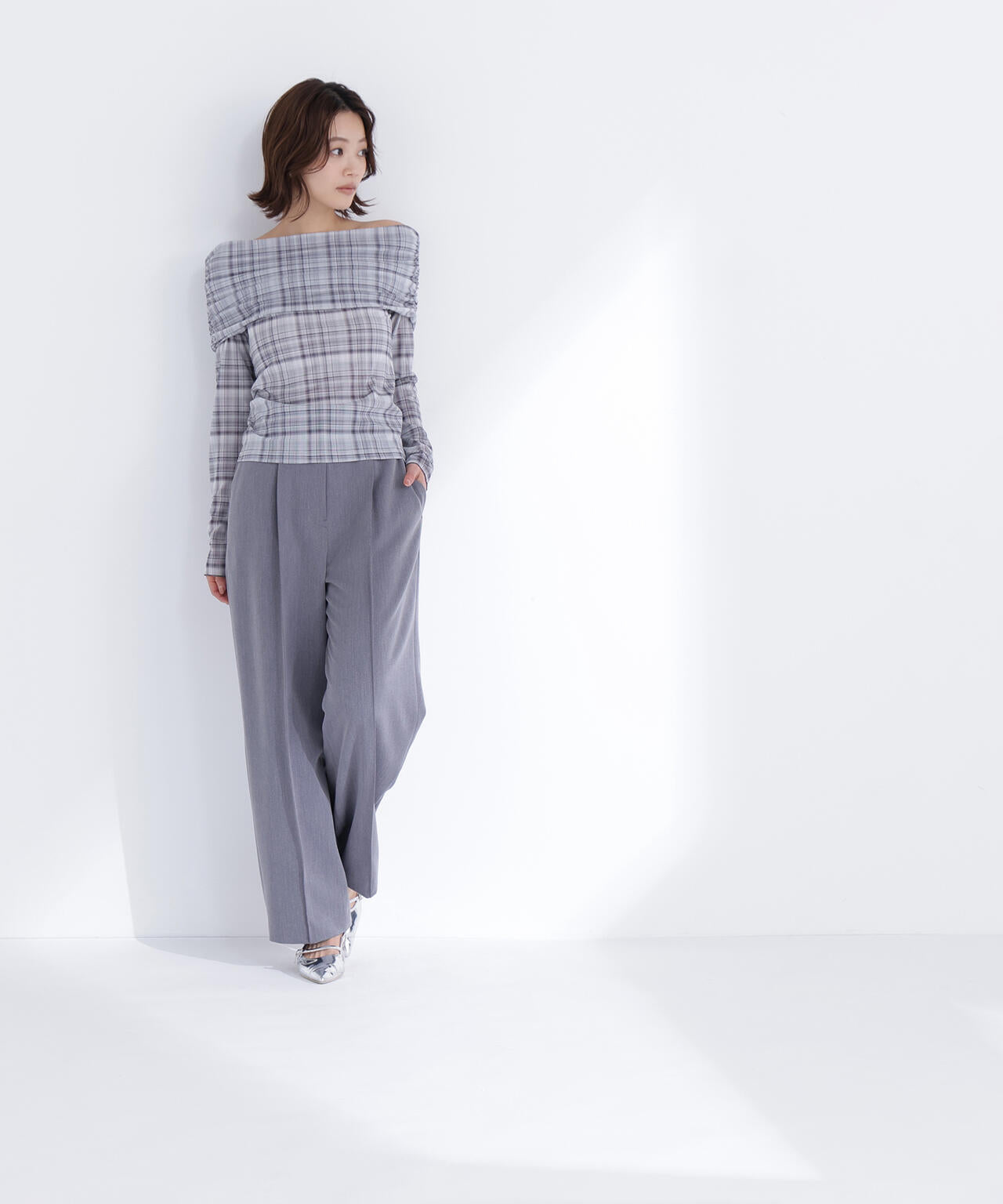 シアーチェックオフショルトップス