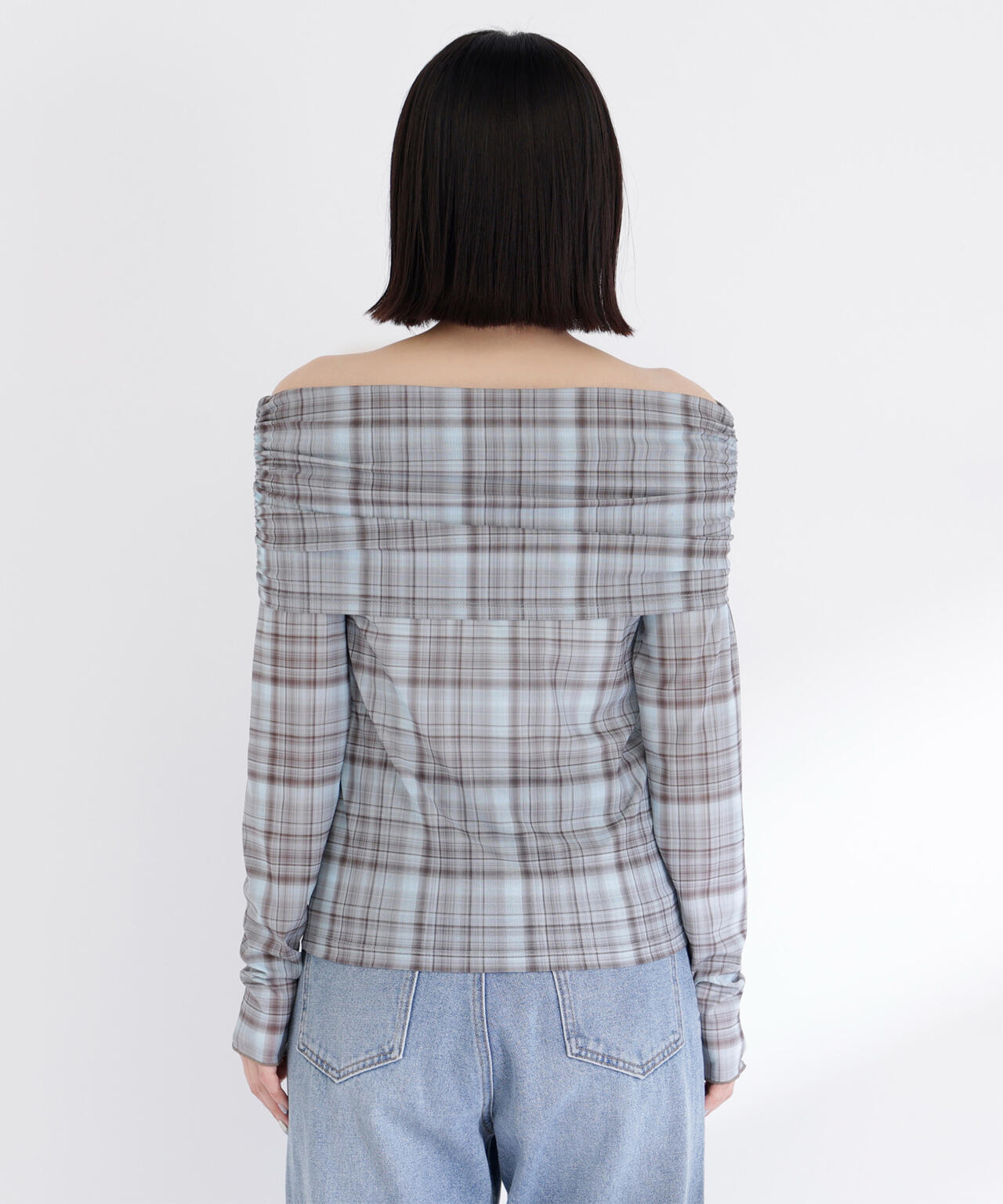 シアーチェックオフショルトップス