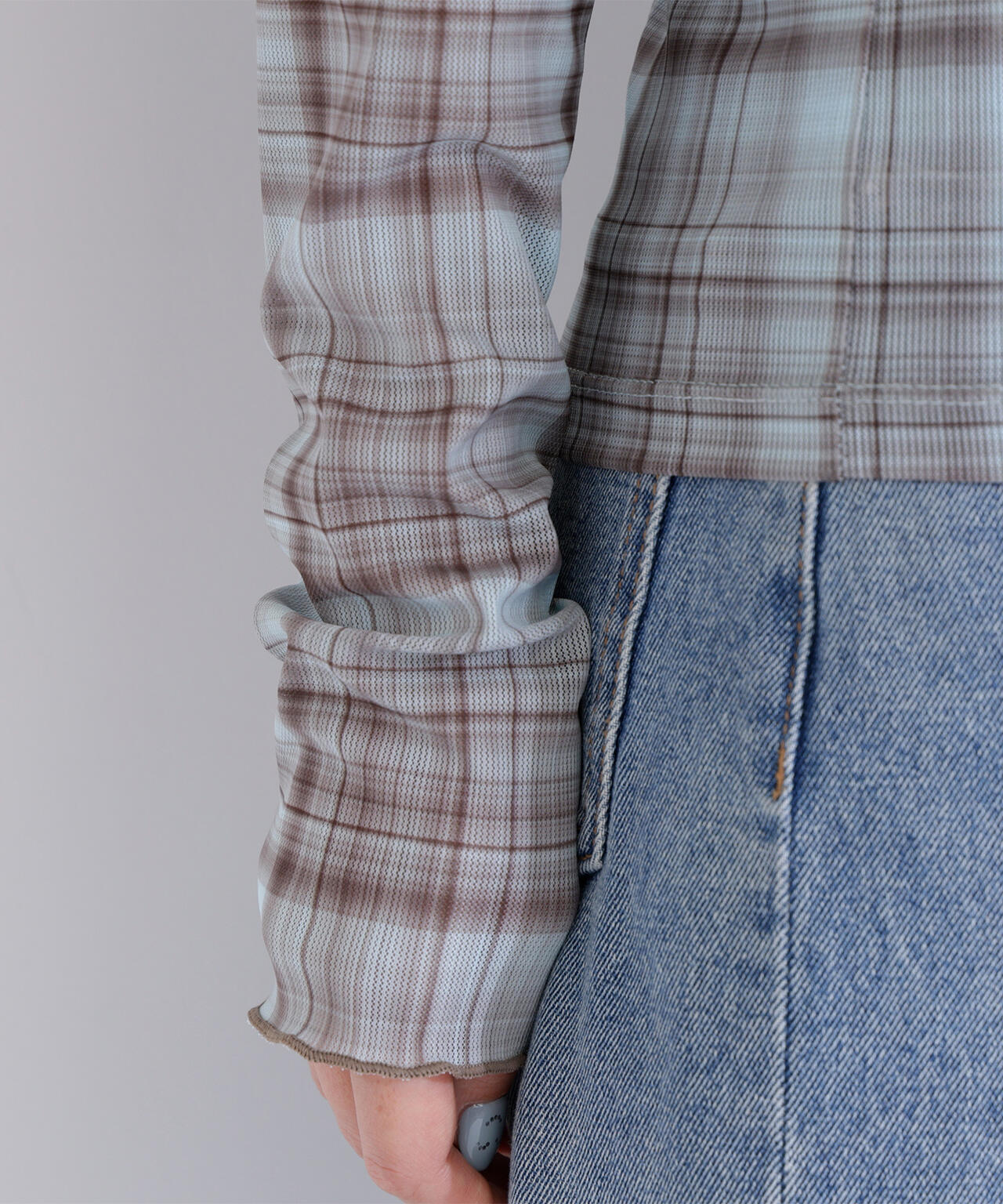 シアーチェックオフショルトップス