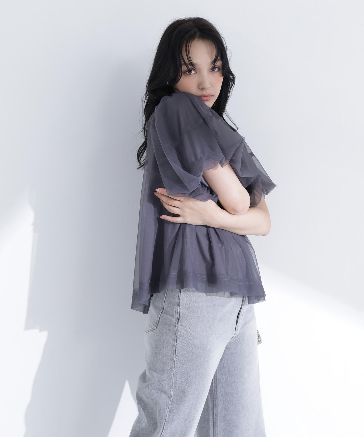 美品☆ MUVEIL WORK 17AW チュールレイヤードTブラウス ネイビー MUVEIL WORK(ミュベールワーク) チュールレイヤードTブラウス