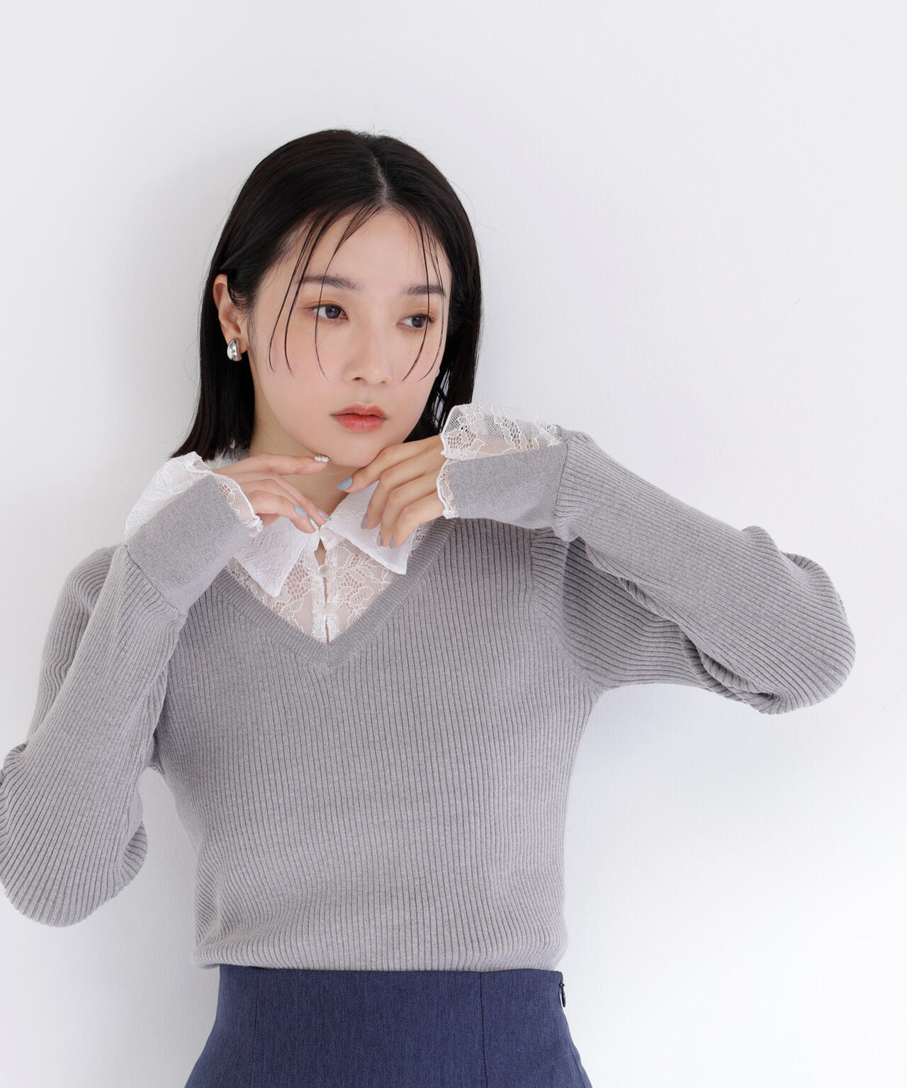 C4 OZOC ドッキングニット　グレージュ レースカラードッキングニット | NATURAL BEAUTY BASIC（ナチュラル