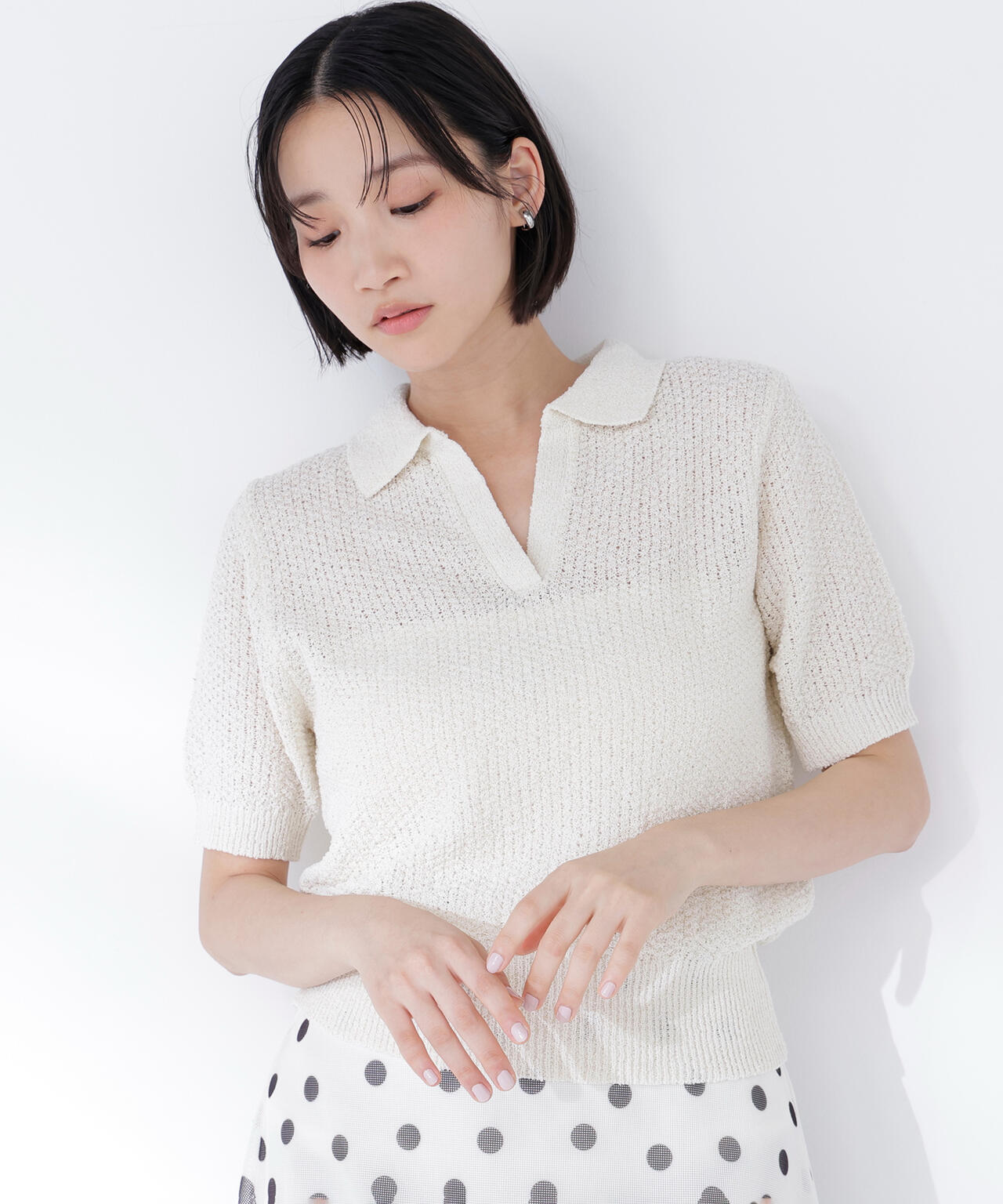 YLÈVE / シアーリブニットスキッパーポロ新品未使用 M L ]深Uネックシアーリブニットトップス［N1132］[品番：KO000015099