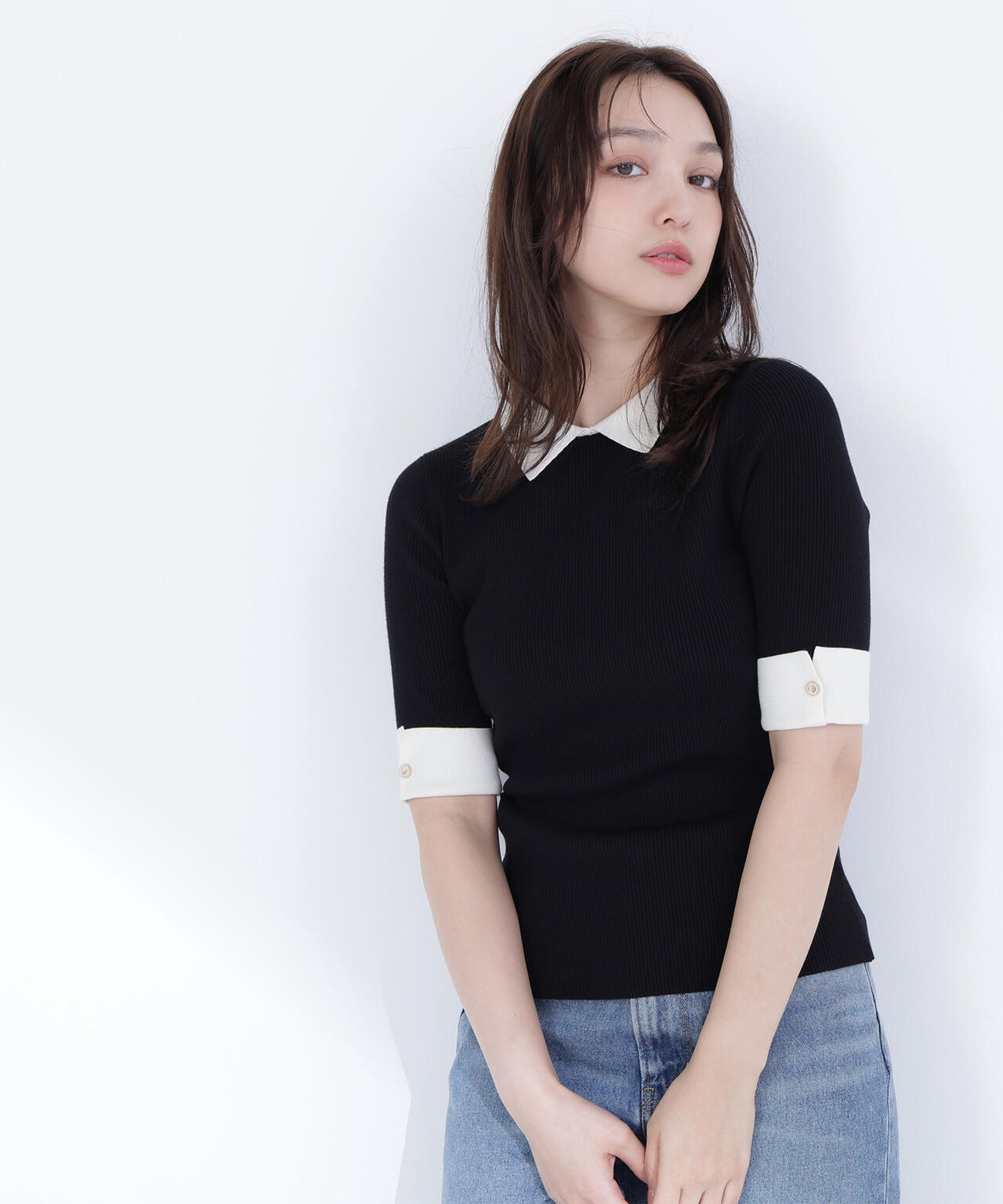 ♡襟ふりふり♡半袖ニット　ブラック 襟付きリブベーシックニット半袖 | NATURAL BEAUTY BASIC（ナチュラル