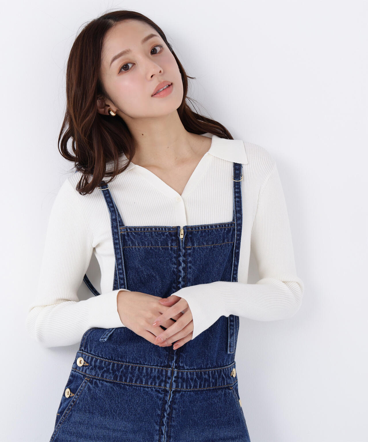 【WEB限定カラー：オレンジ】襟付Vネックリブニット