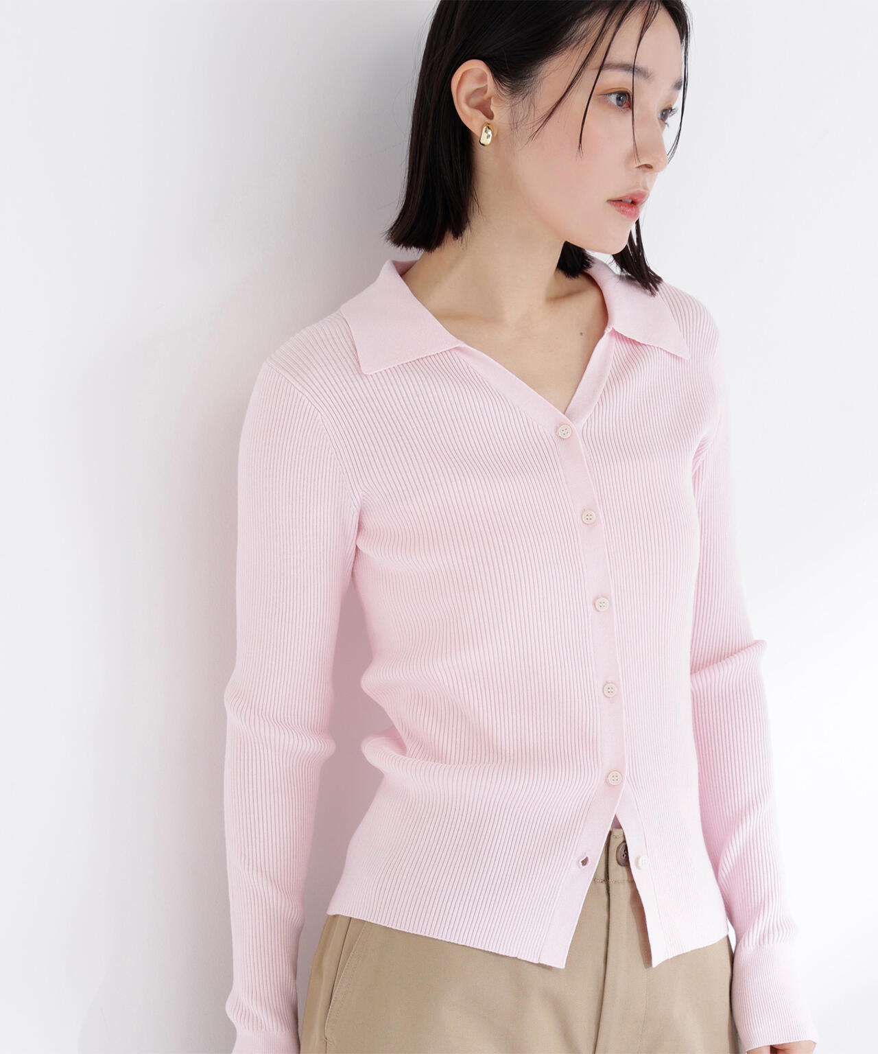 【WEB限定カラー：オレンジ】襟付Vネックリブニット