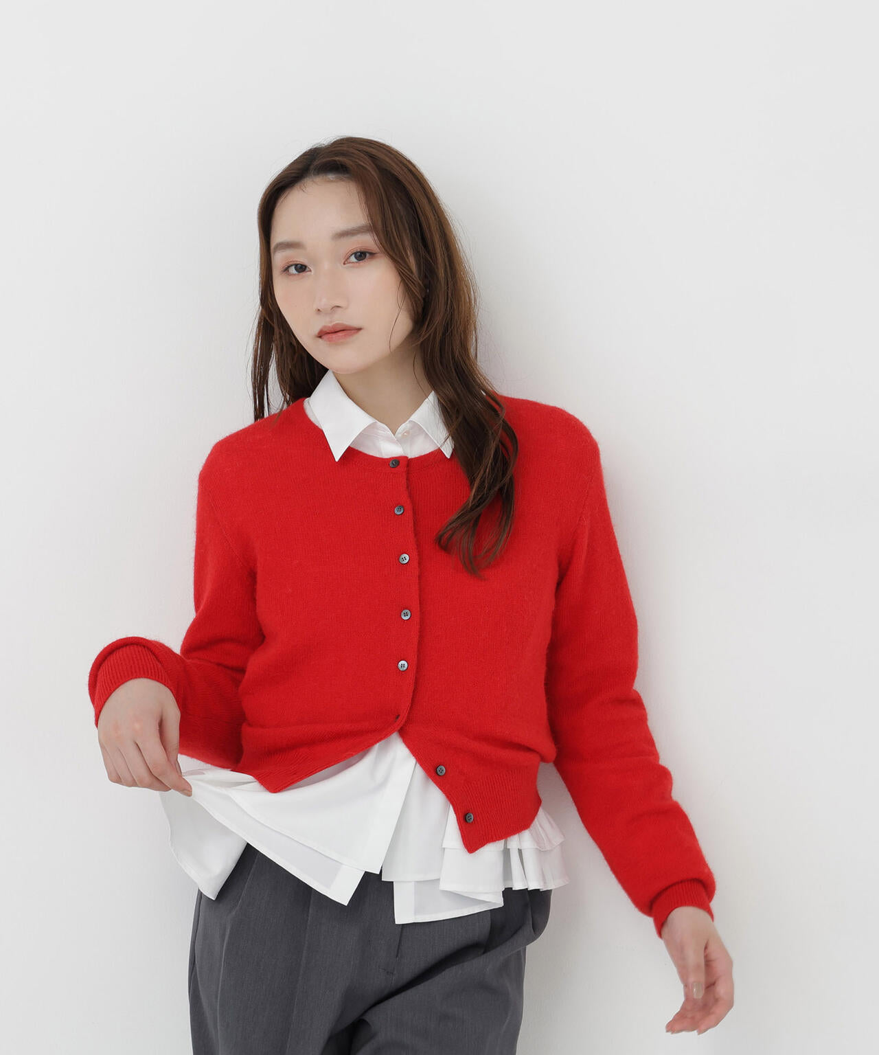【未使用】unie はらちゃん　配色ニットカーディガン　レッド FOXブレンドニットシリーズ カーディガン | NATURAL BEAUTY BASIC