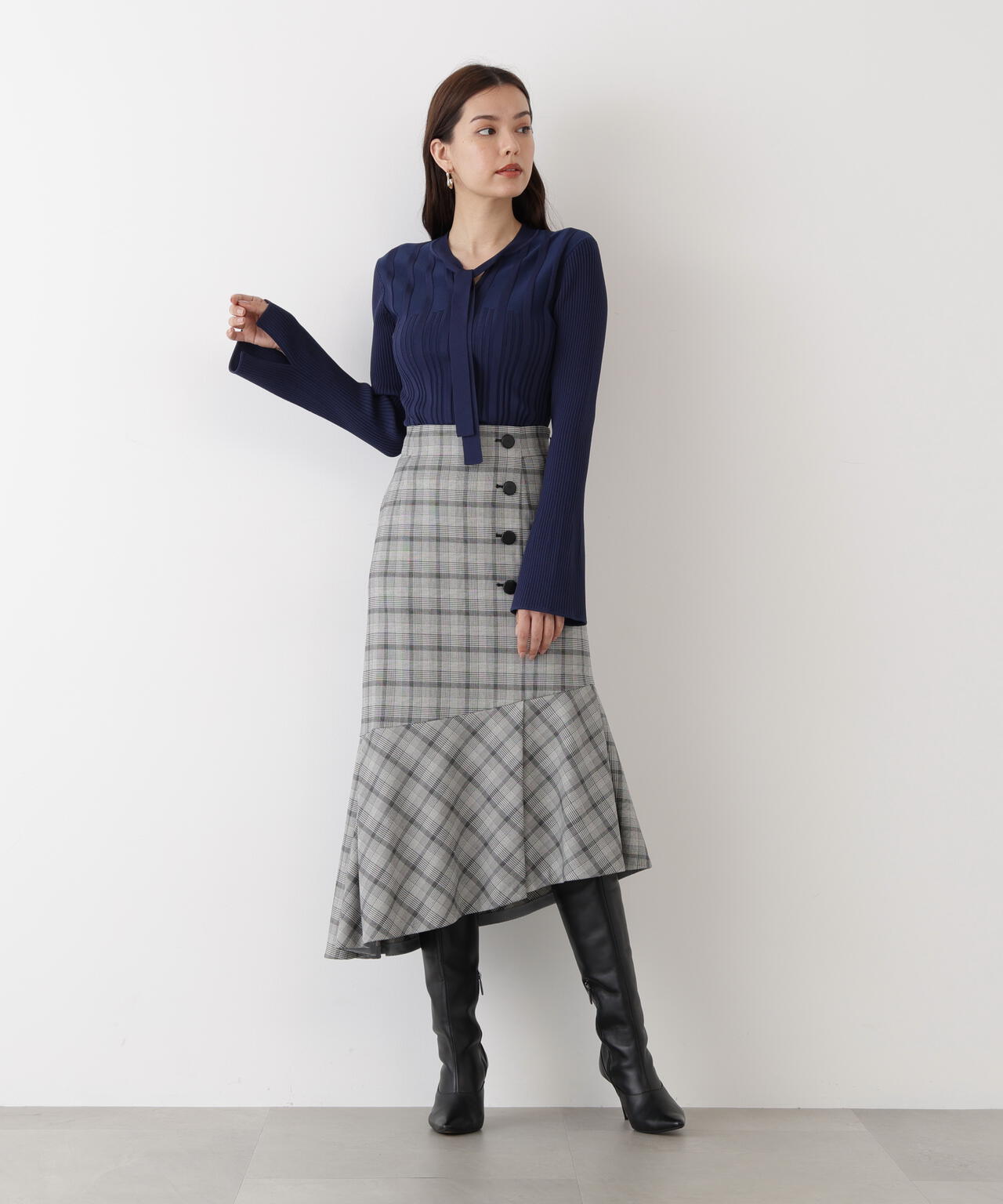 グレンチェックアシンメトリーラッフルスカート