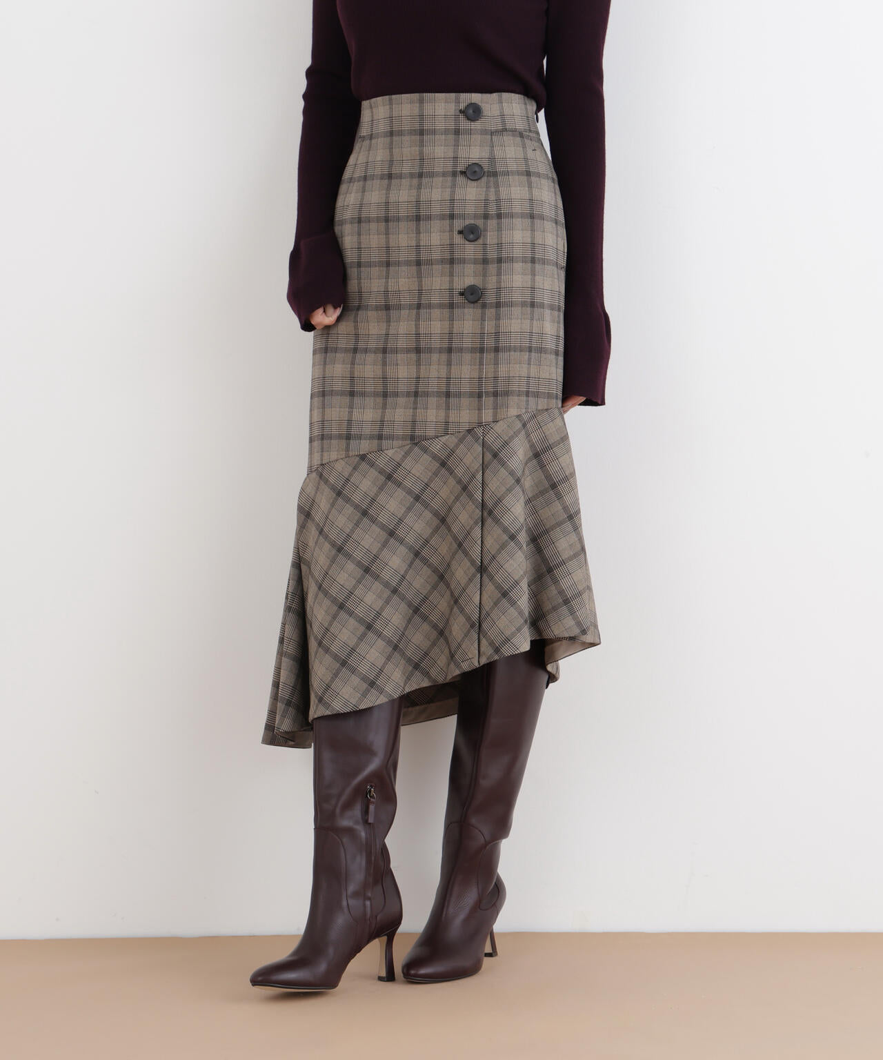 グレンチェックアシンメトリーラッフルスカート