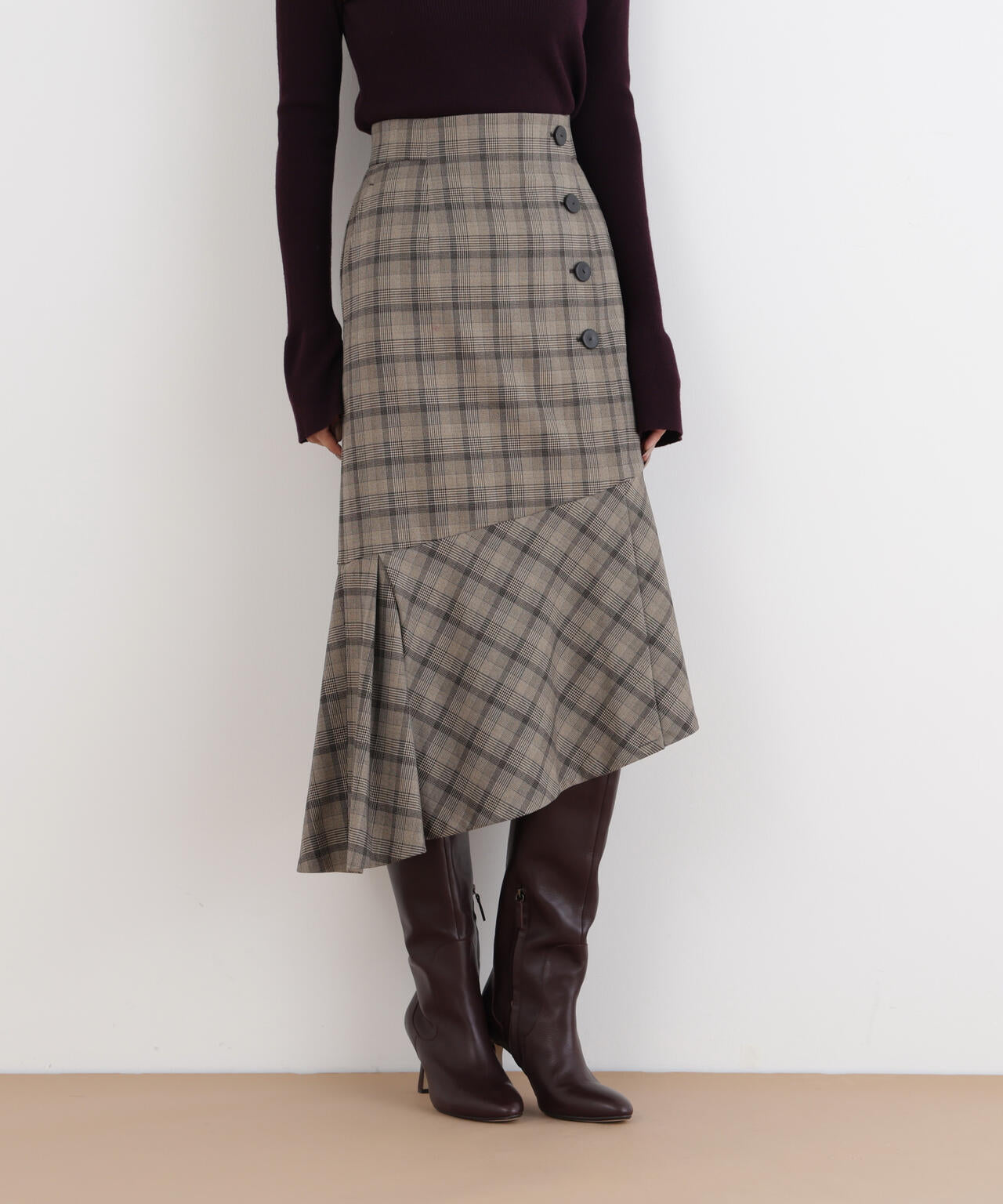 グレンチェックアシンメトリーラッフルスカート