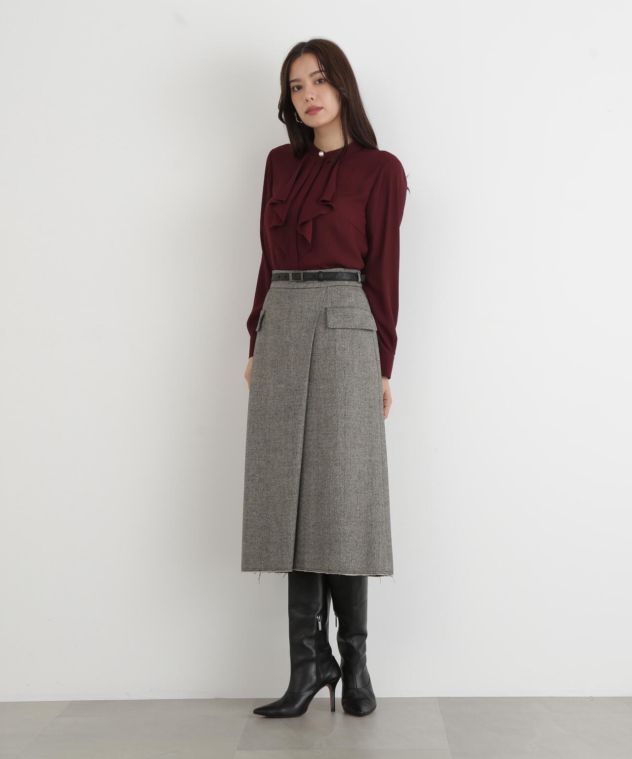 クラシカルツイードレザーベルト付きスカート