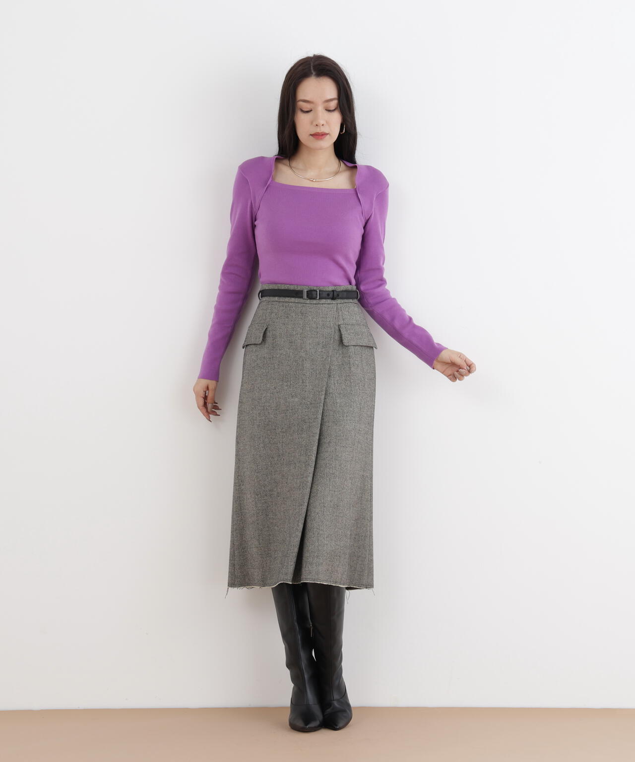 クラシカルツイードレザーベルト付きスカート