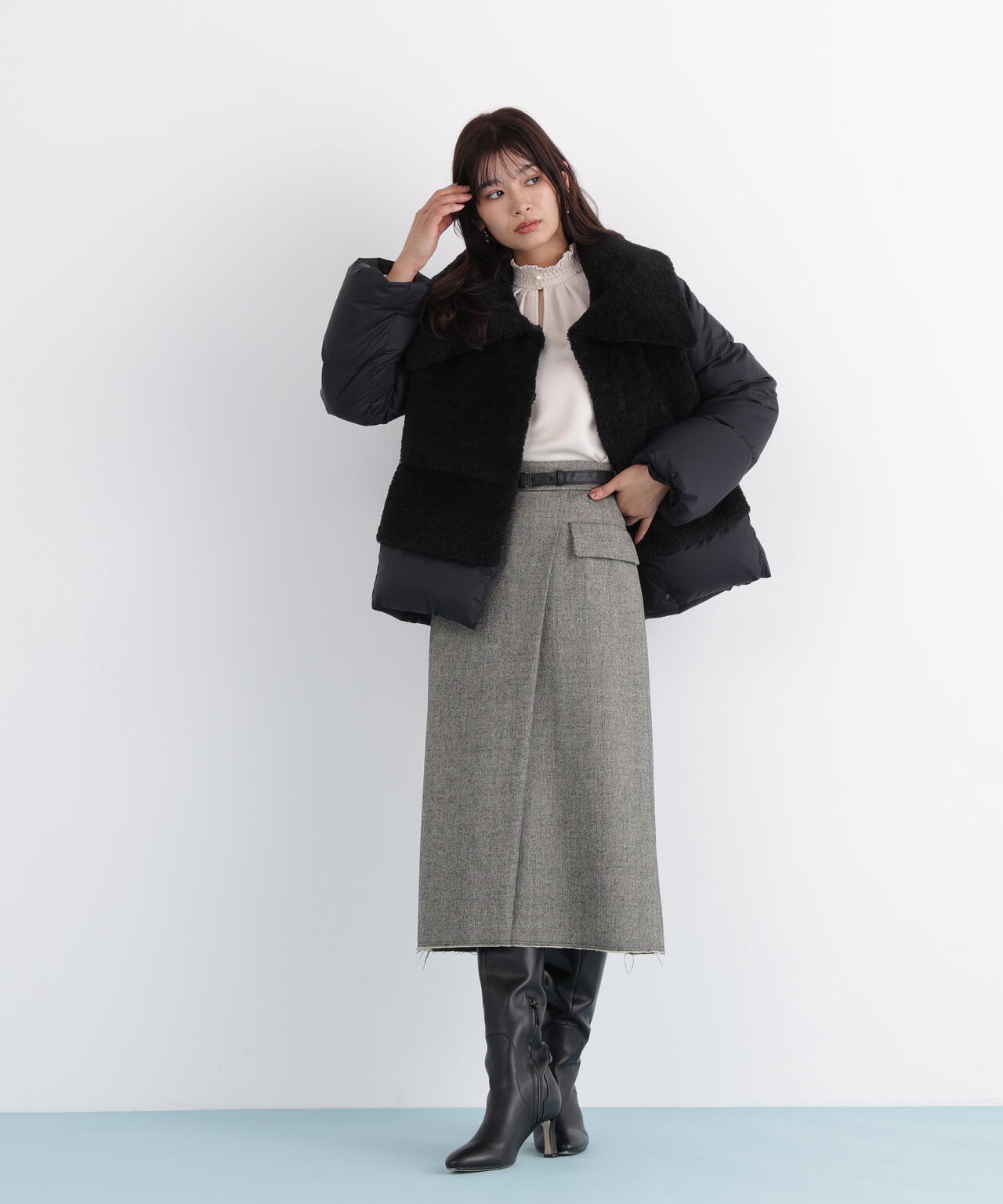 クラシカルツイードレザーベルト付きスカート