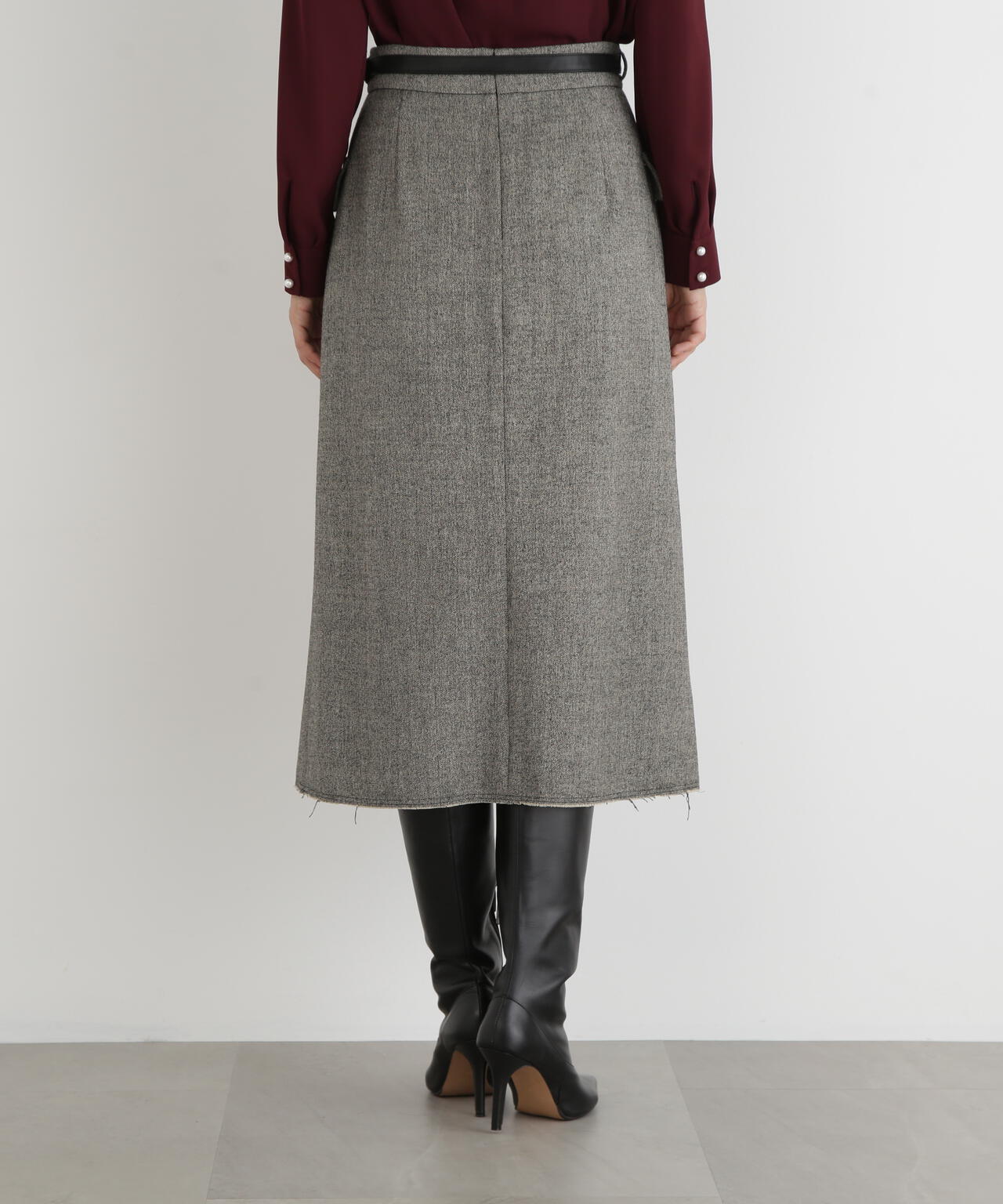 クラシカルツイードレザーベルト付きスカート
