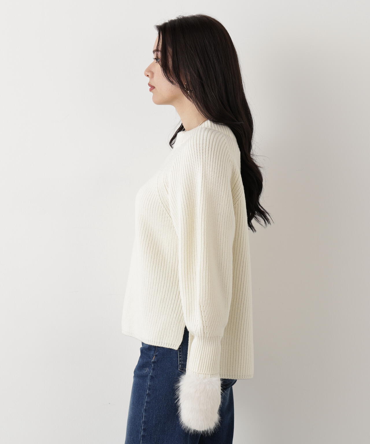 ファーグローブ付き畦ニットプルオーバー