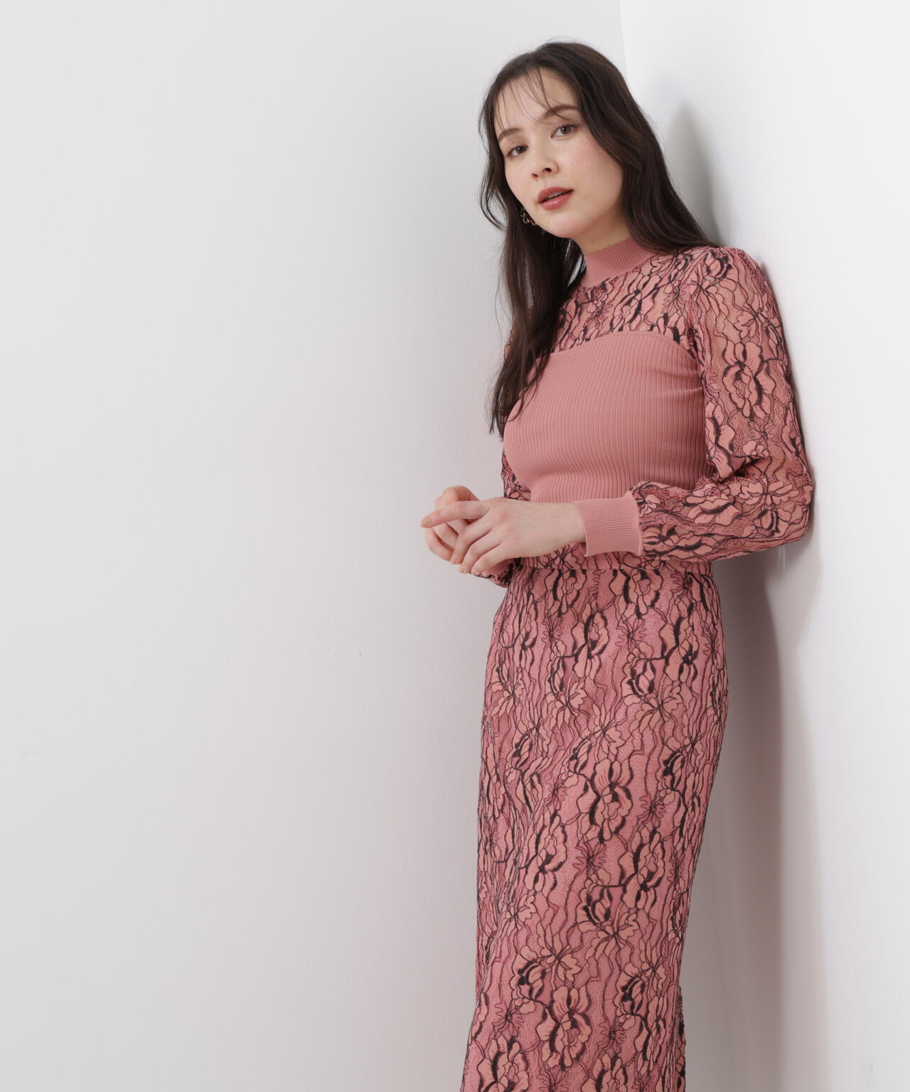 レースコンビモックネックニットプルオーバー